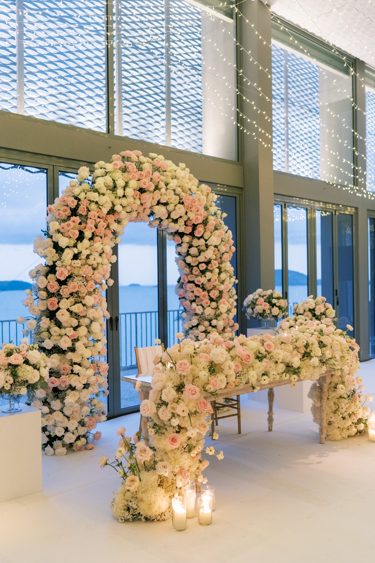 Blush sweetheart table arch
