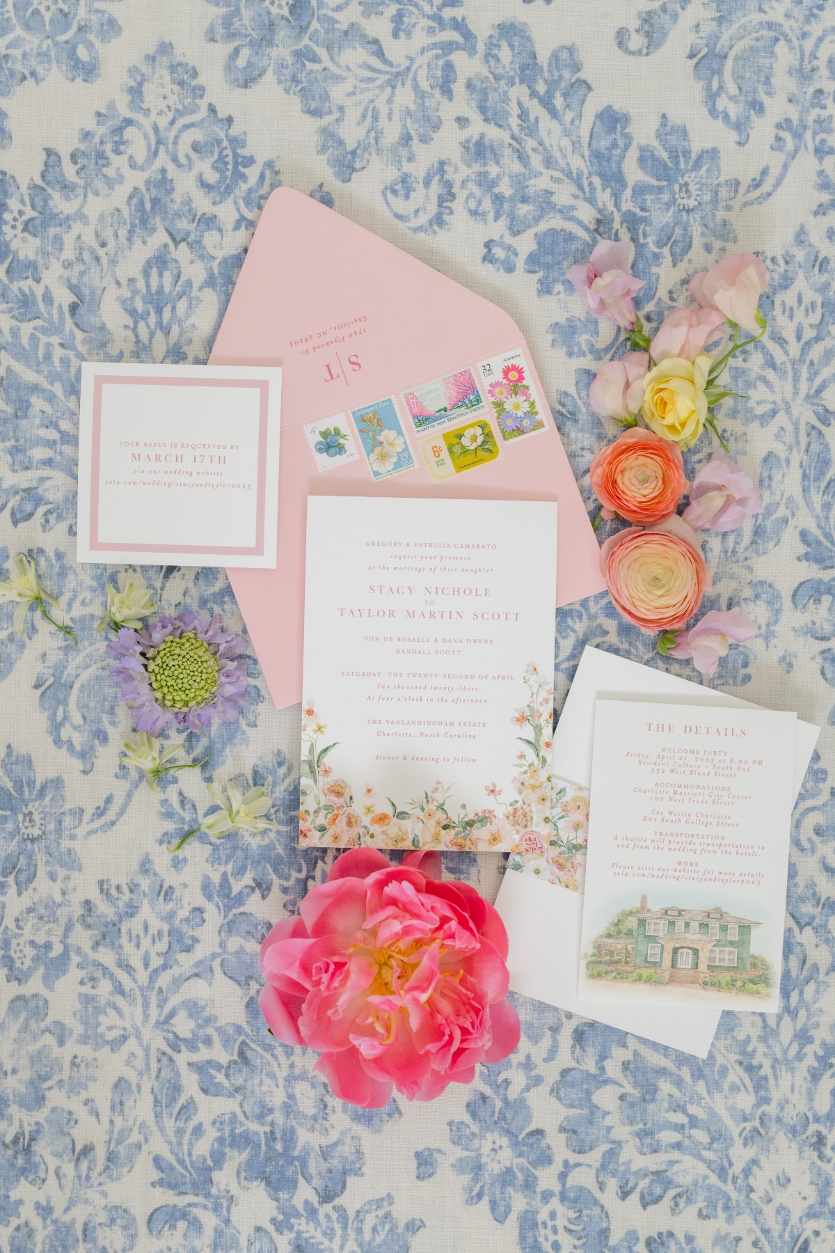 Pink and watercolor garden wedding invitations 