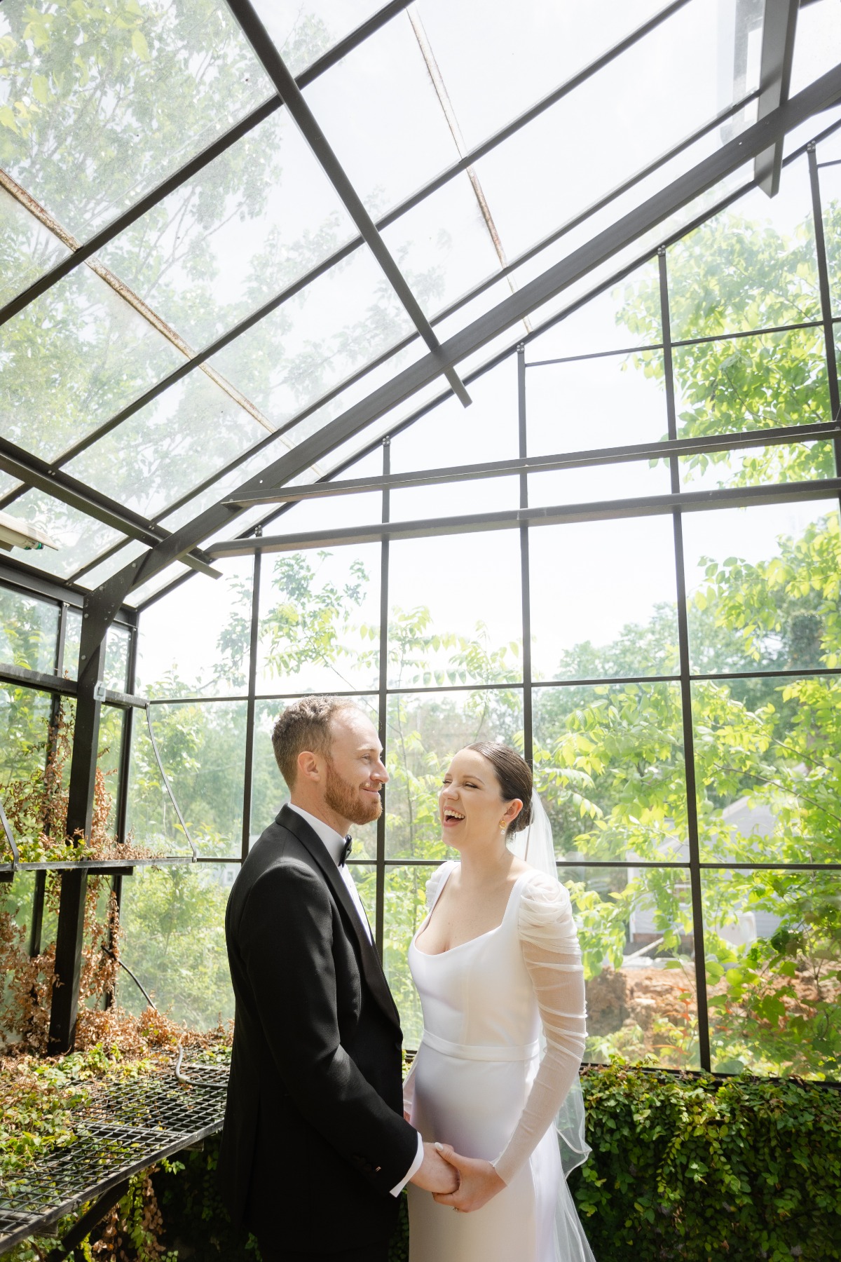 Playful greenhouse wedding portraits 