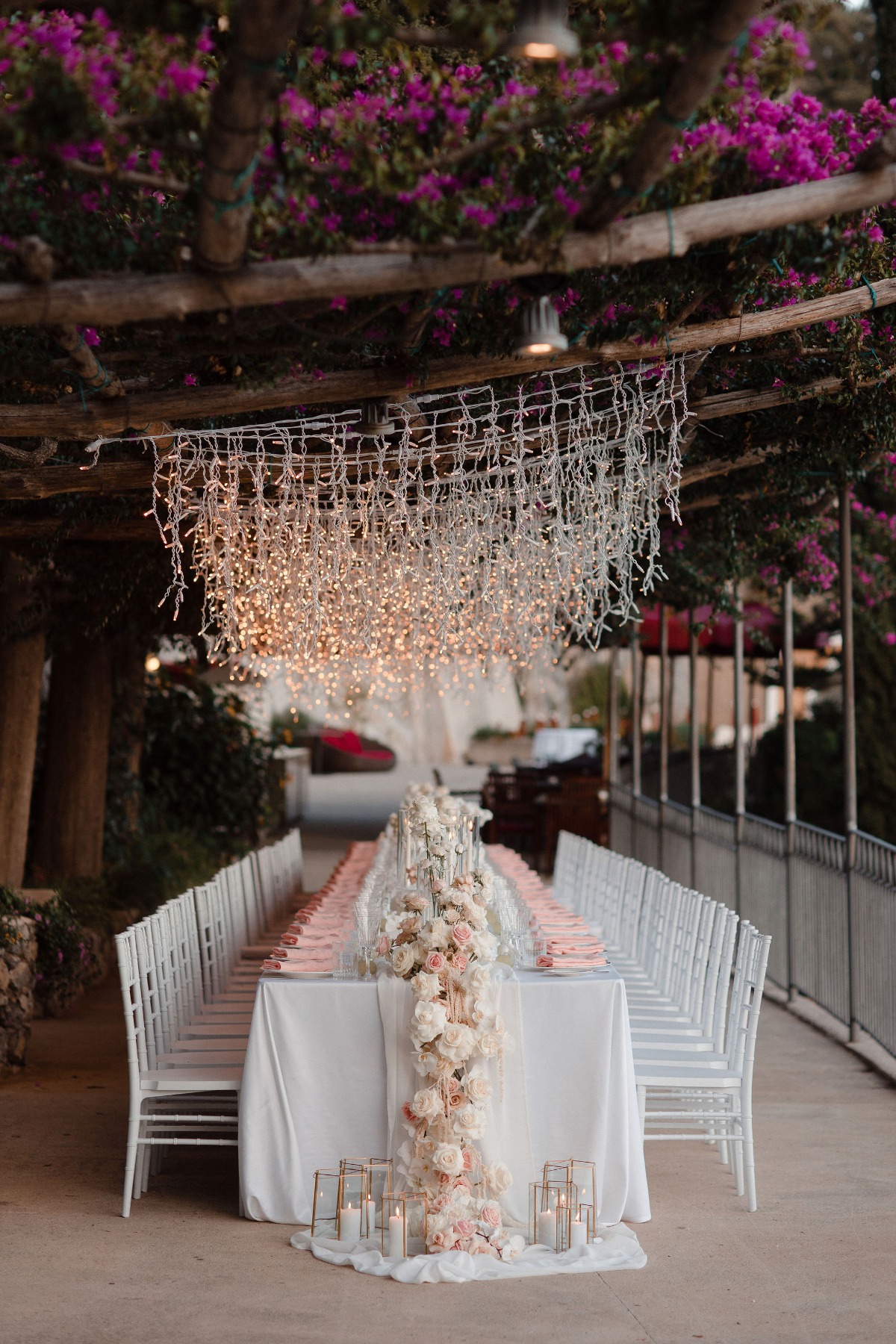 white and pink reception decor