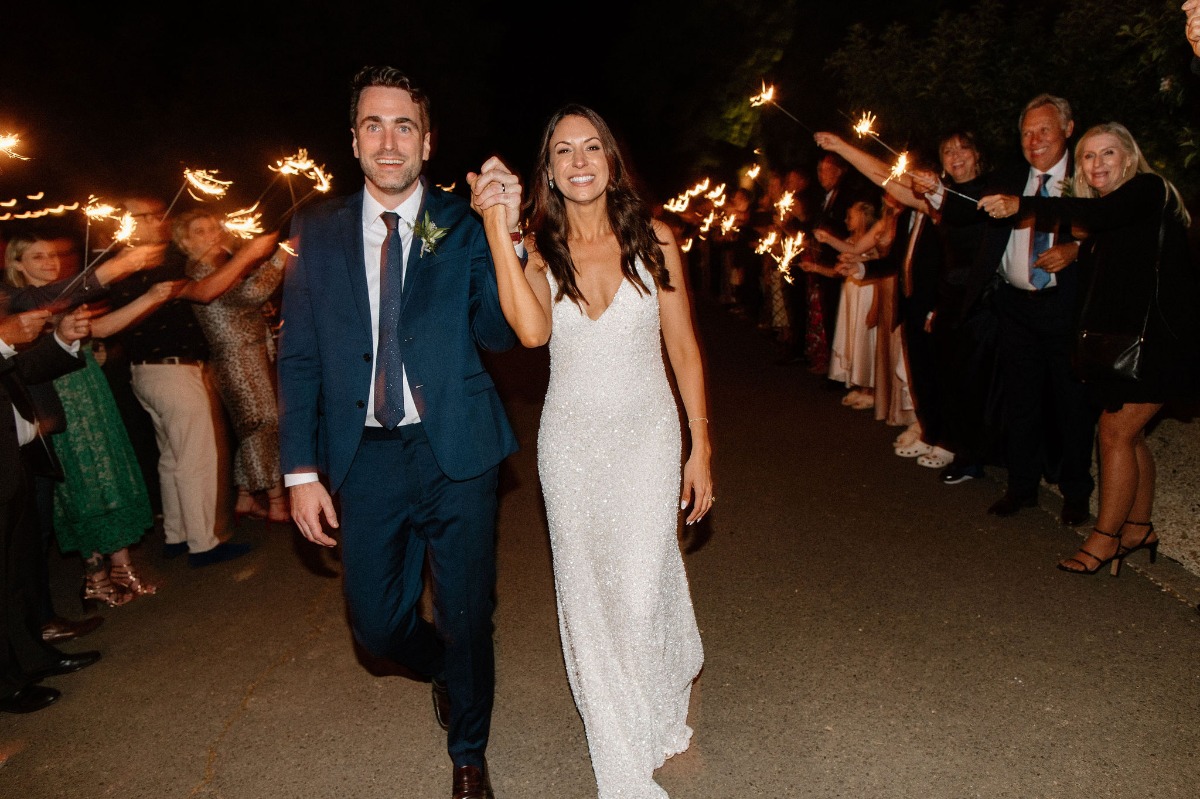sparkler exit for wedding with bride in beaded dress