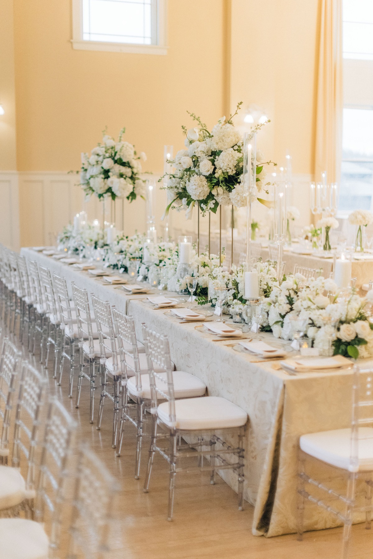 white green and gold reception arrangements