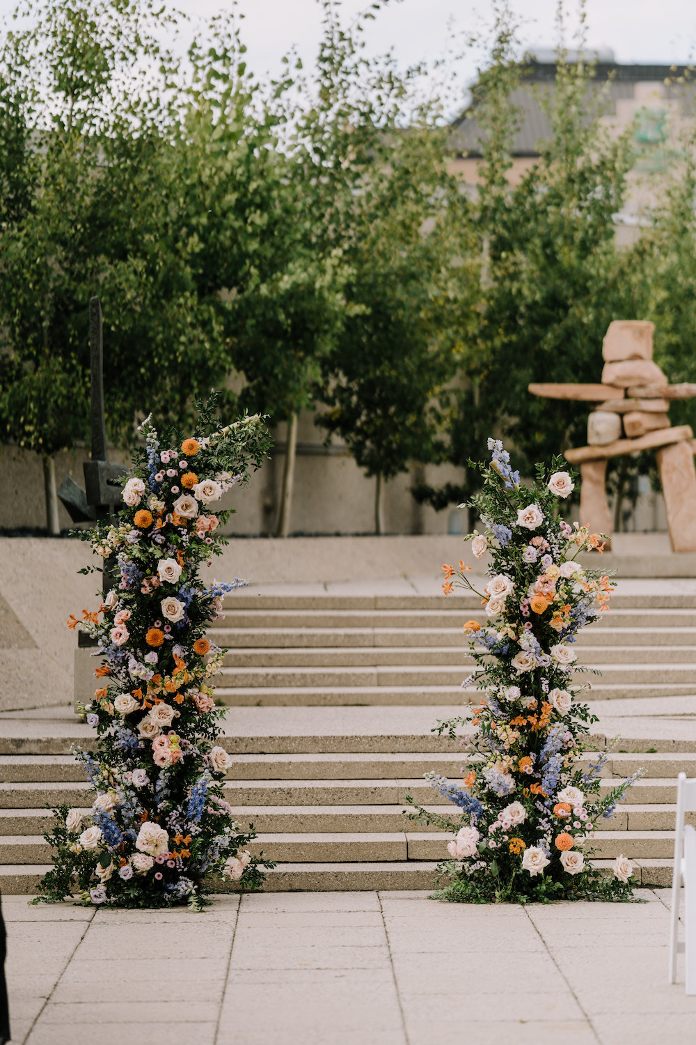 blue orange and cream floral towers