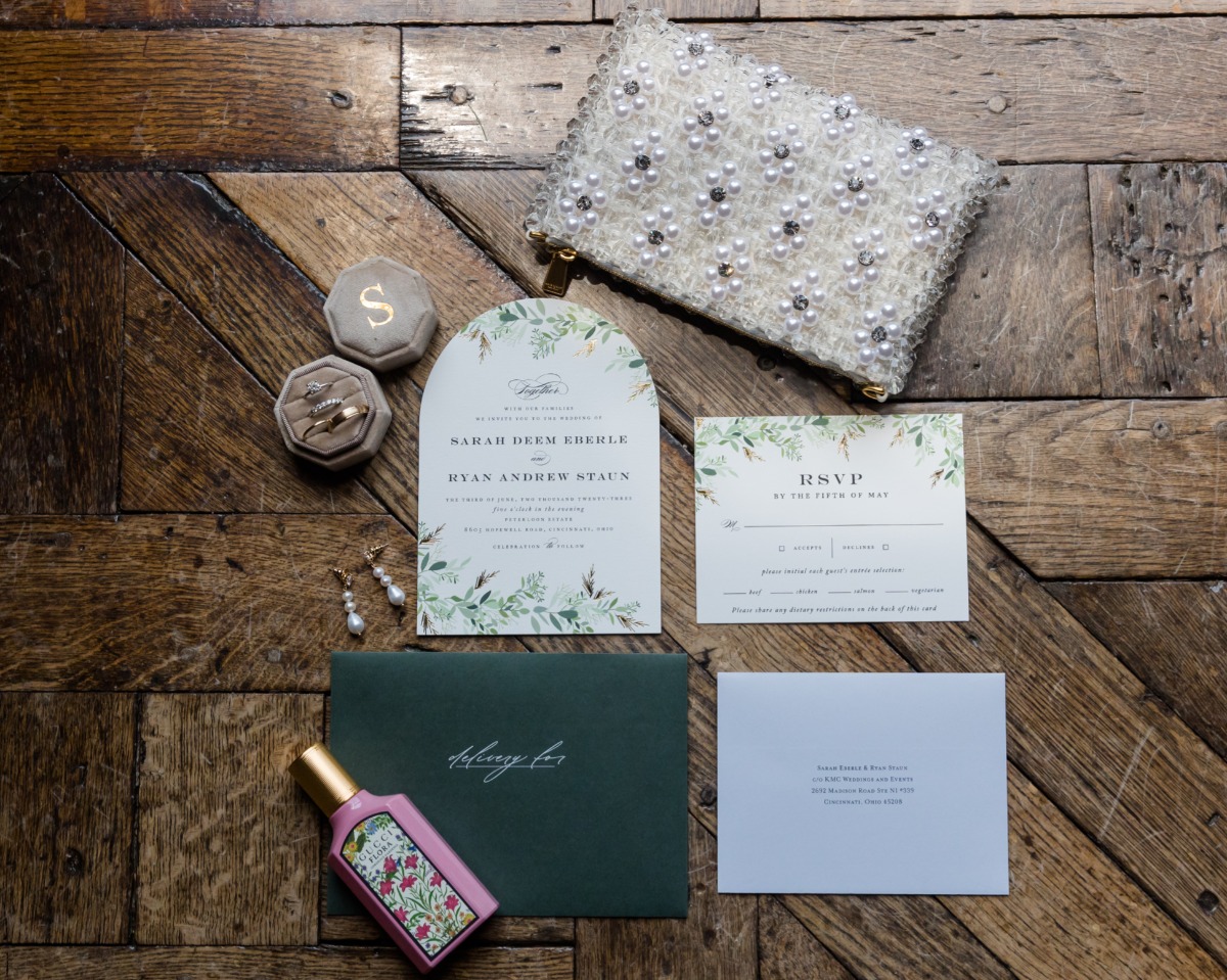 arched wedding invitations with dark green envelopes