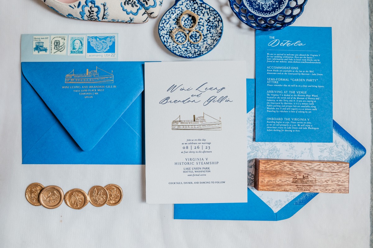 Elegant gold and blue wedding invitations 