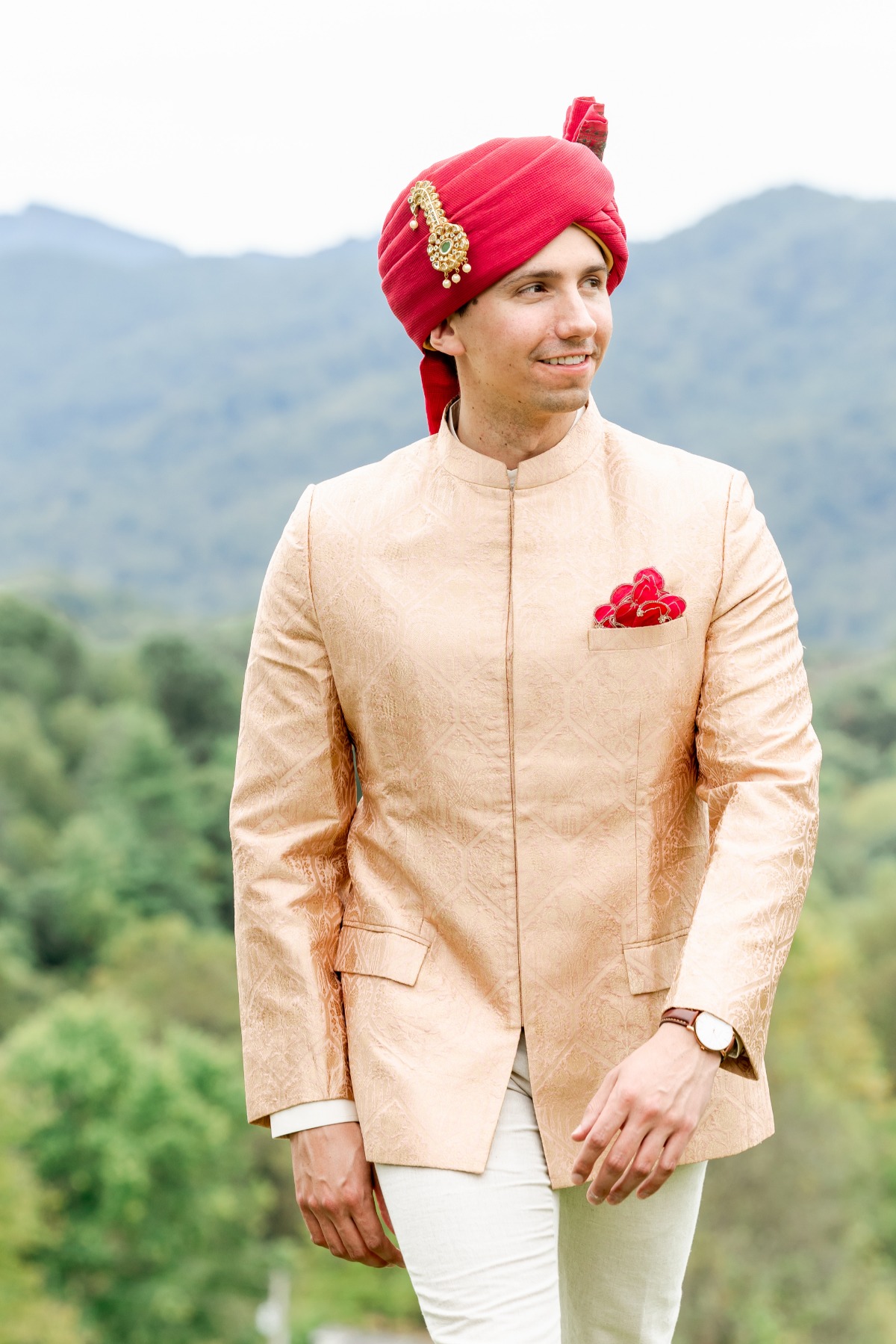 peach and pink Indian wedding attire