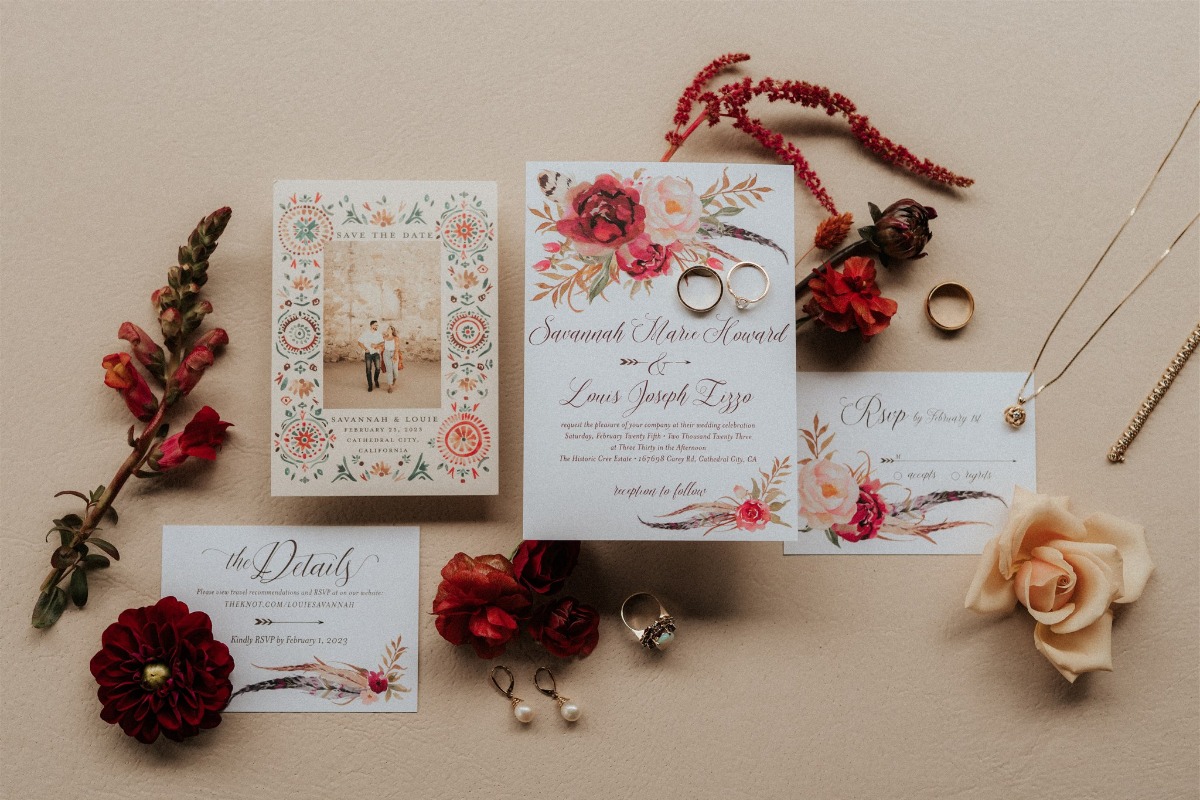 red floral wedding invitations