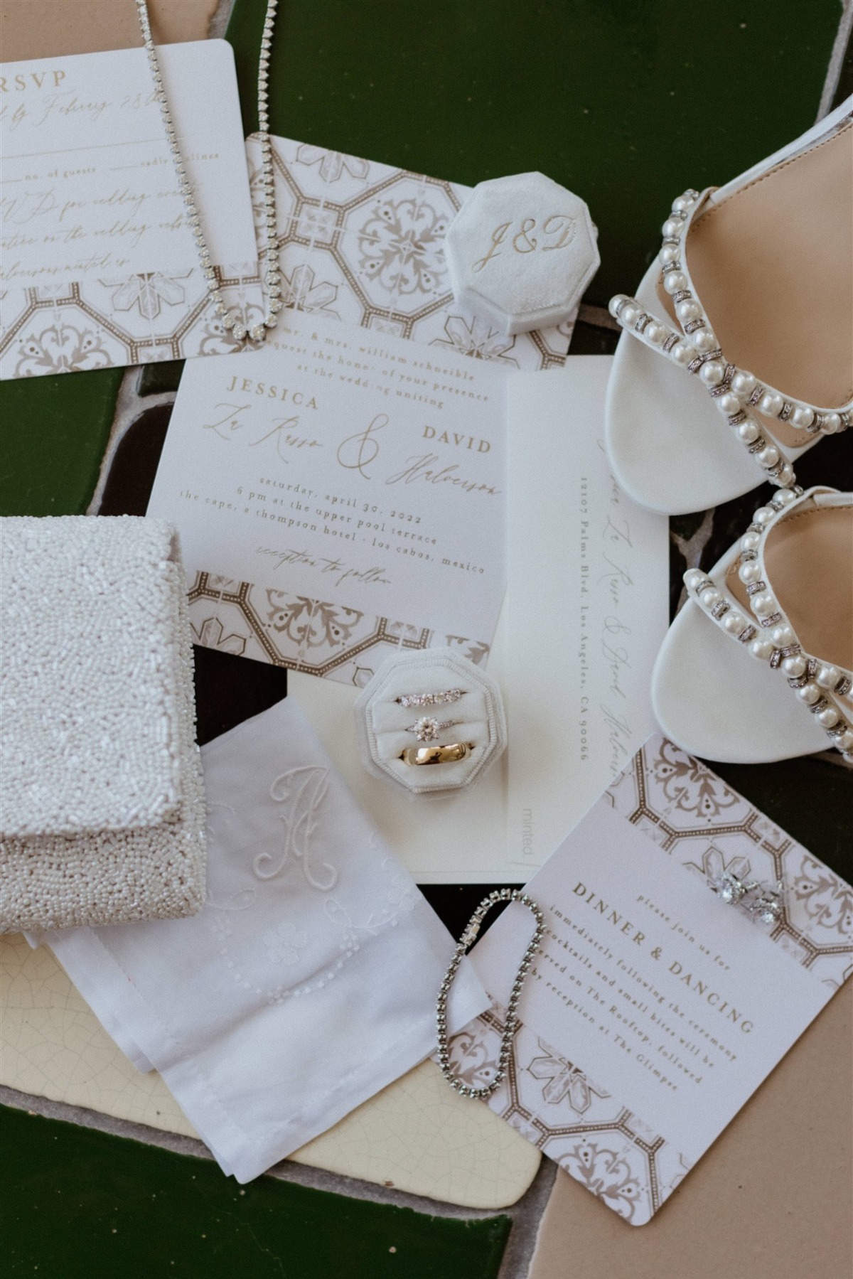 classic white wedding details and invitations