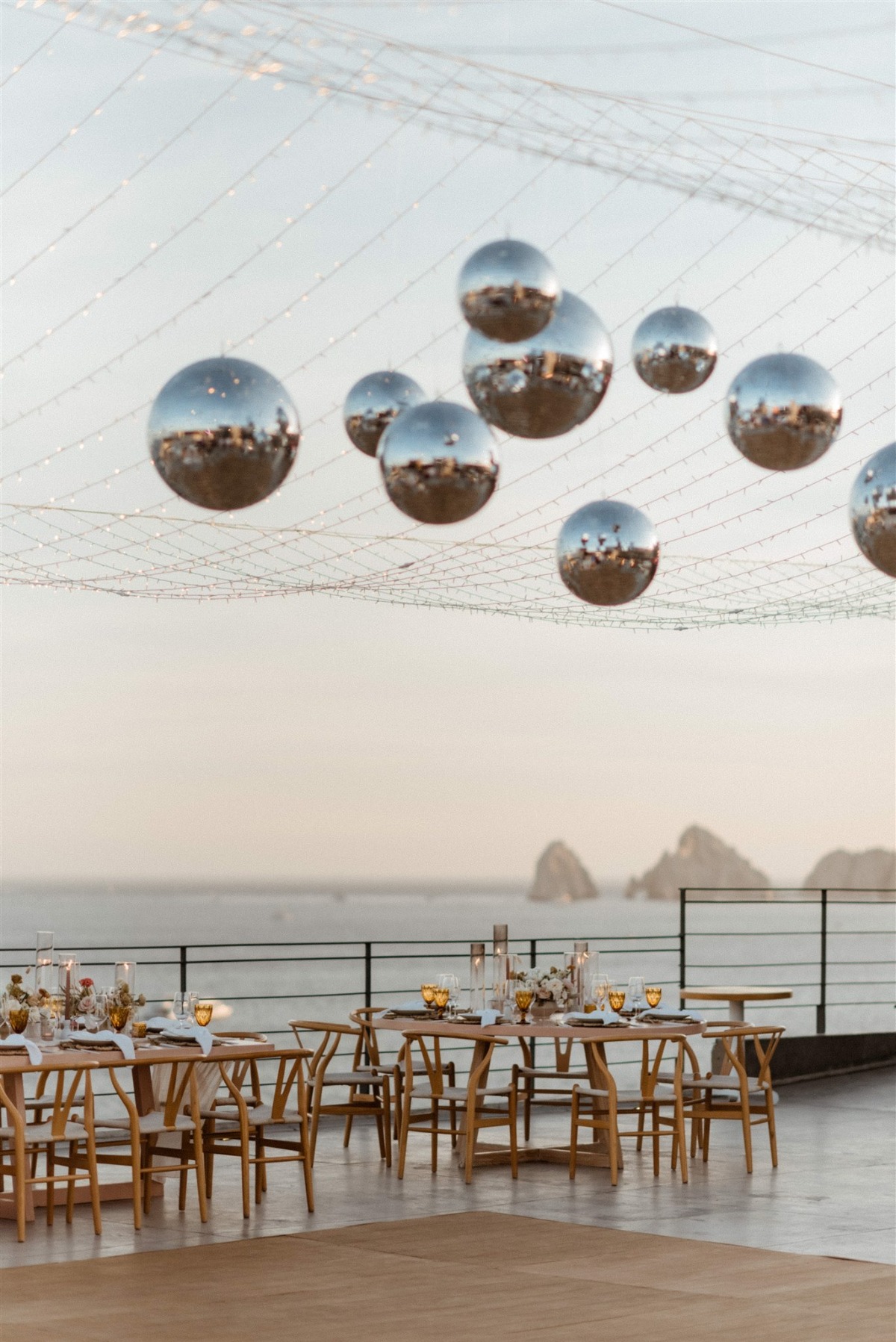 disco ball and twinkle light outdoor wedding decor