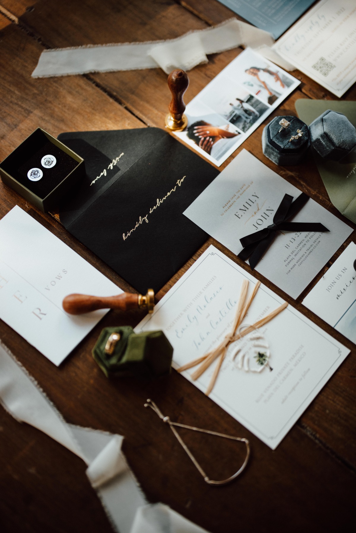 sage black and white wedding invitations with wax seals