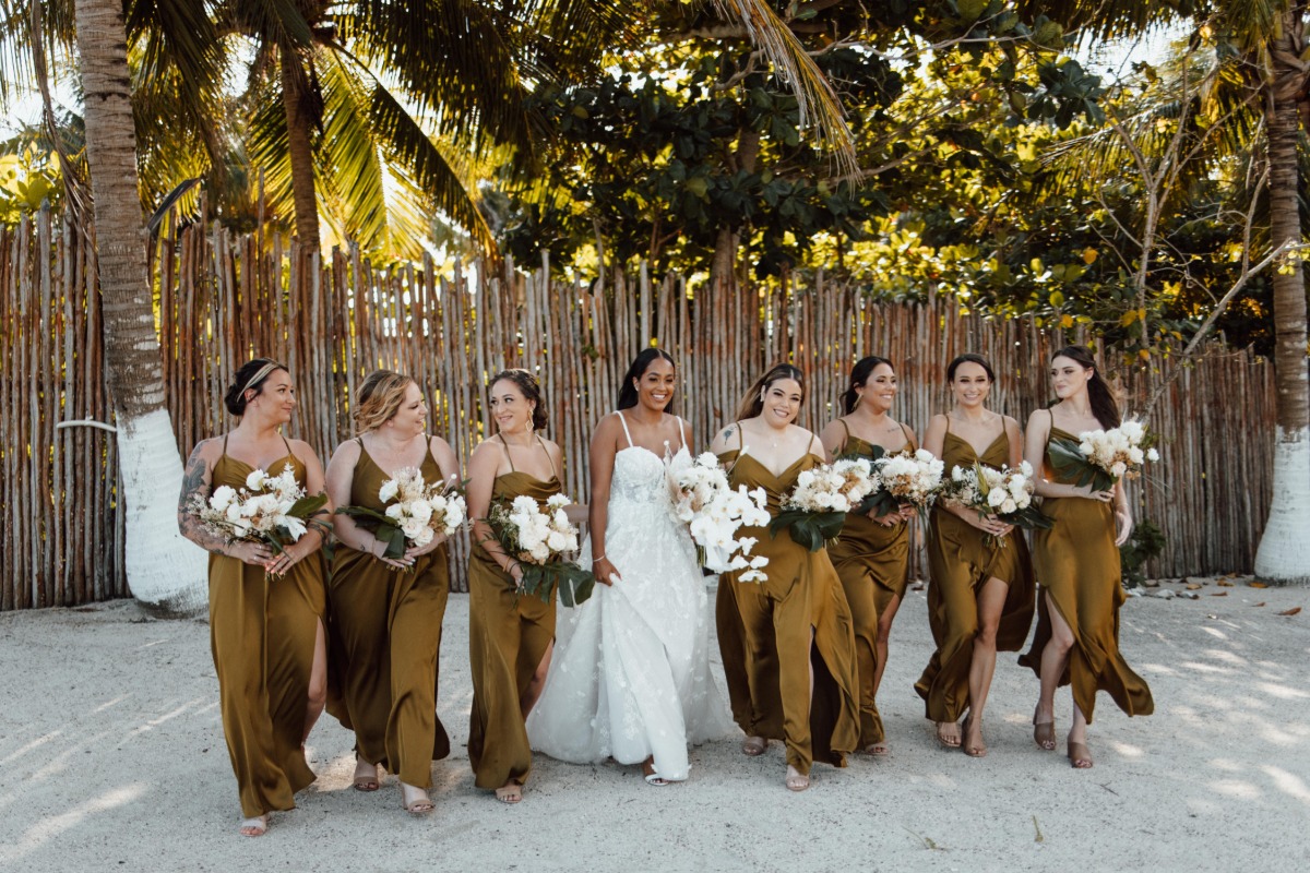 bridesmaids in olive satin dresses
