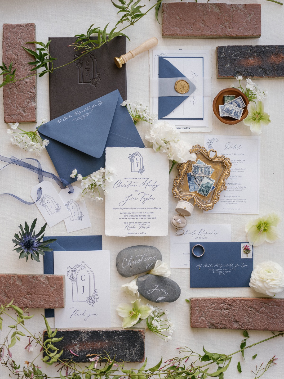 blue, brown, and brick wedding invitations