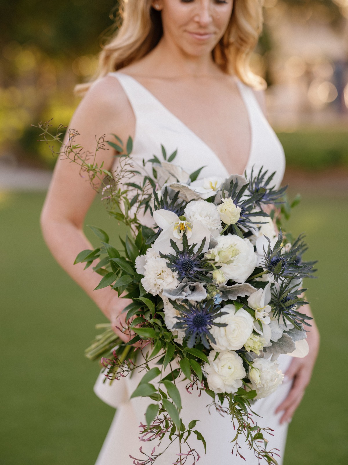 orchid and thistle bouquet