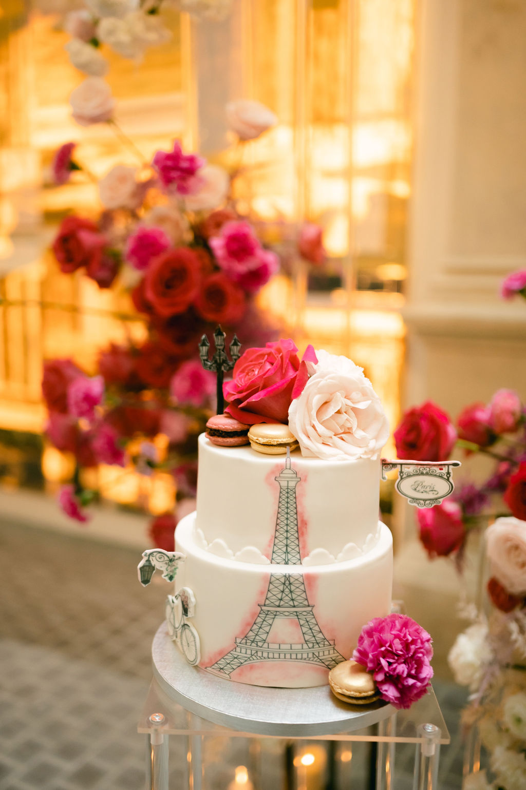 Eiffel Tower wedding cake with macarons 