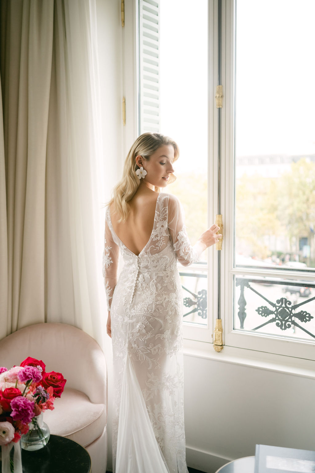 Elegant bride in timeless lace wedding gown 