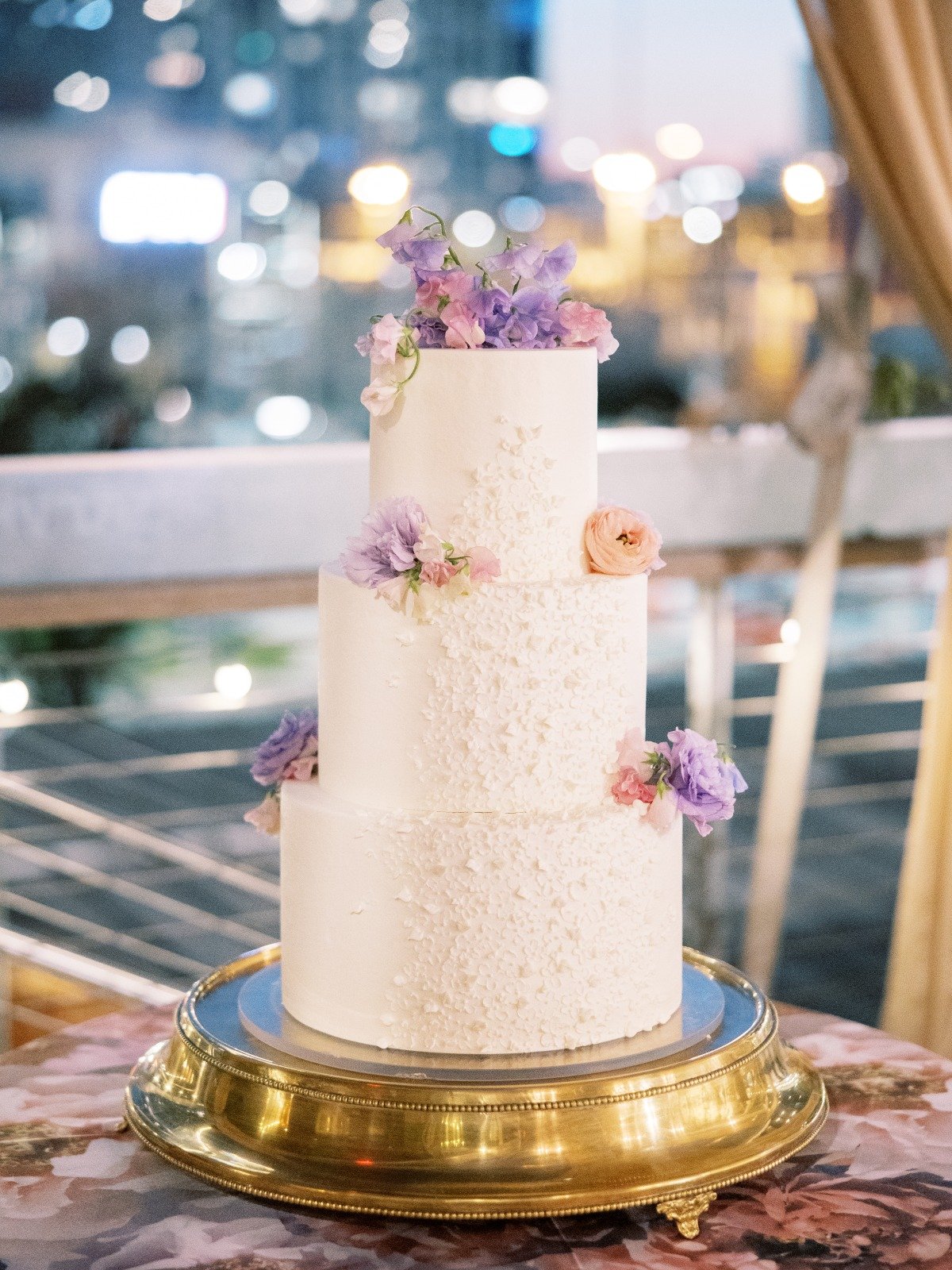 pink and periwinkle wedding cake design