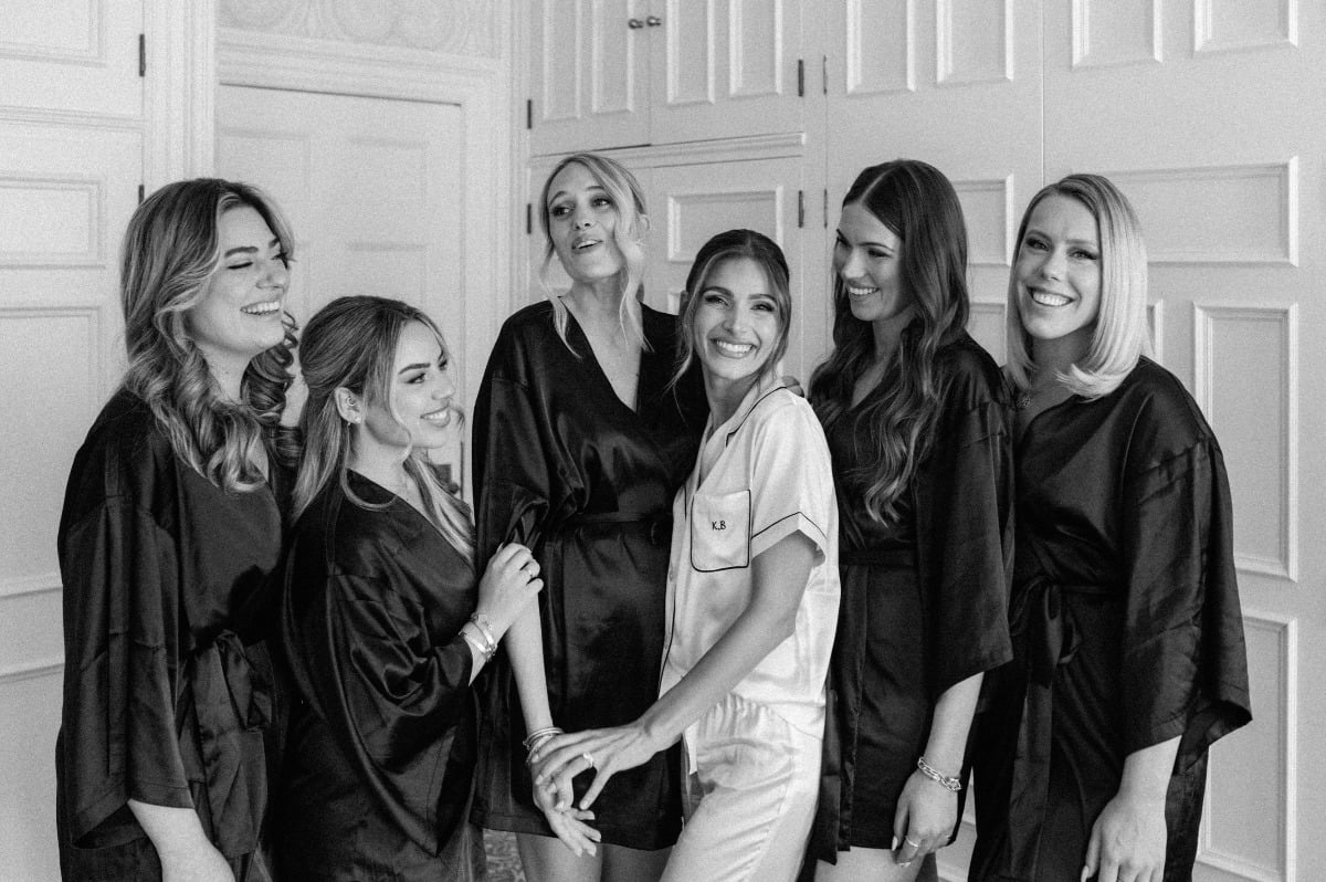 Bride and bridesmaids in black getting ready robes