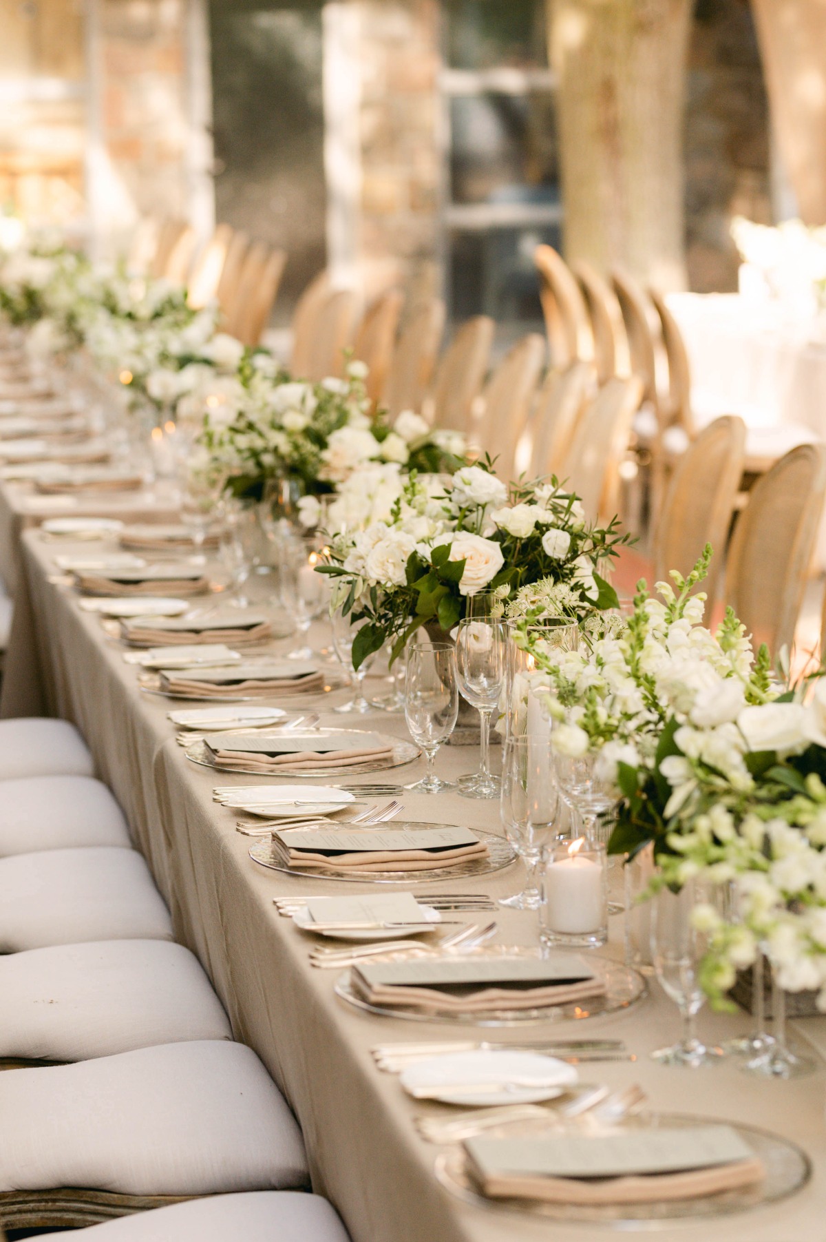 Neutral pink and white reception decor
