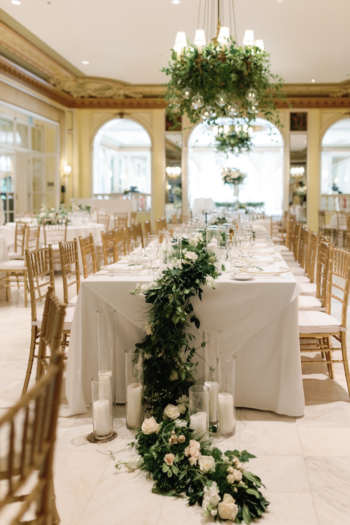 greenery installations with hanging votives