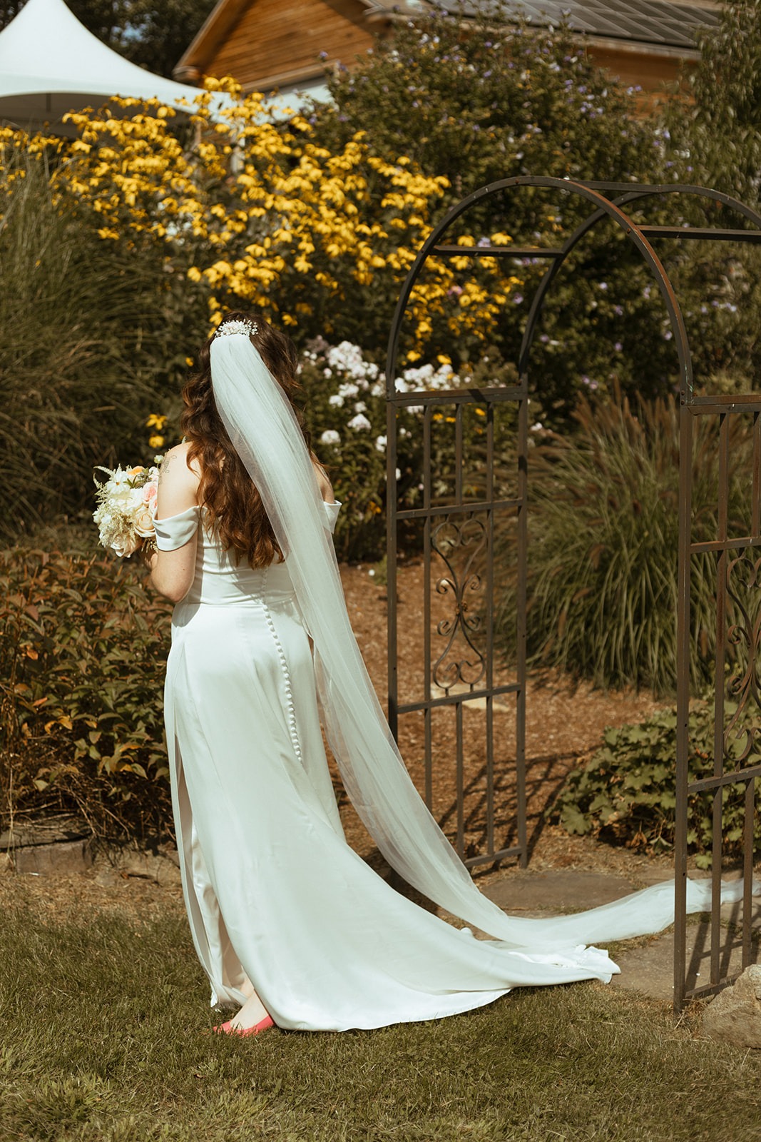 off the shoulder wedding gown with long veil