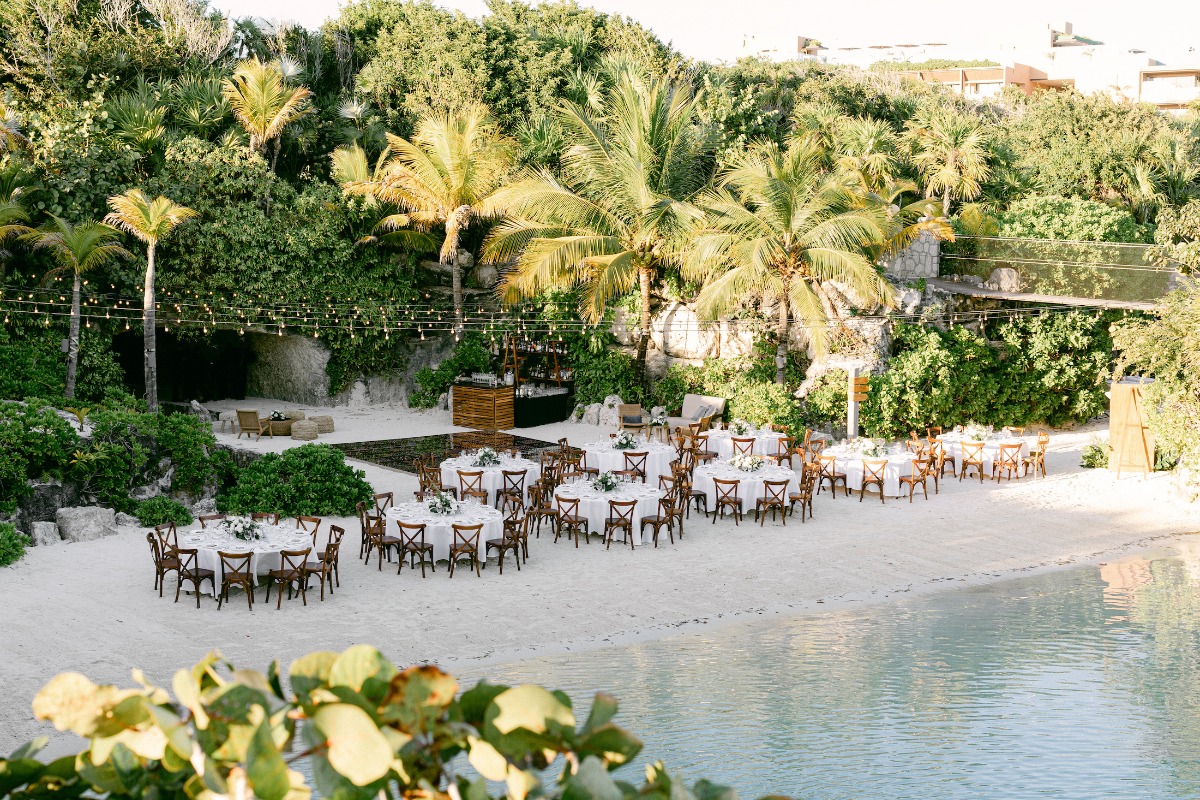 Tropical jungle wedding reception in Mexico