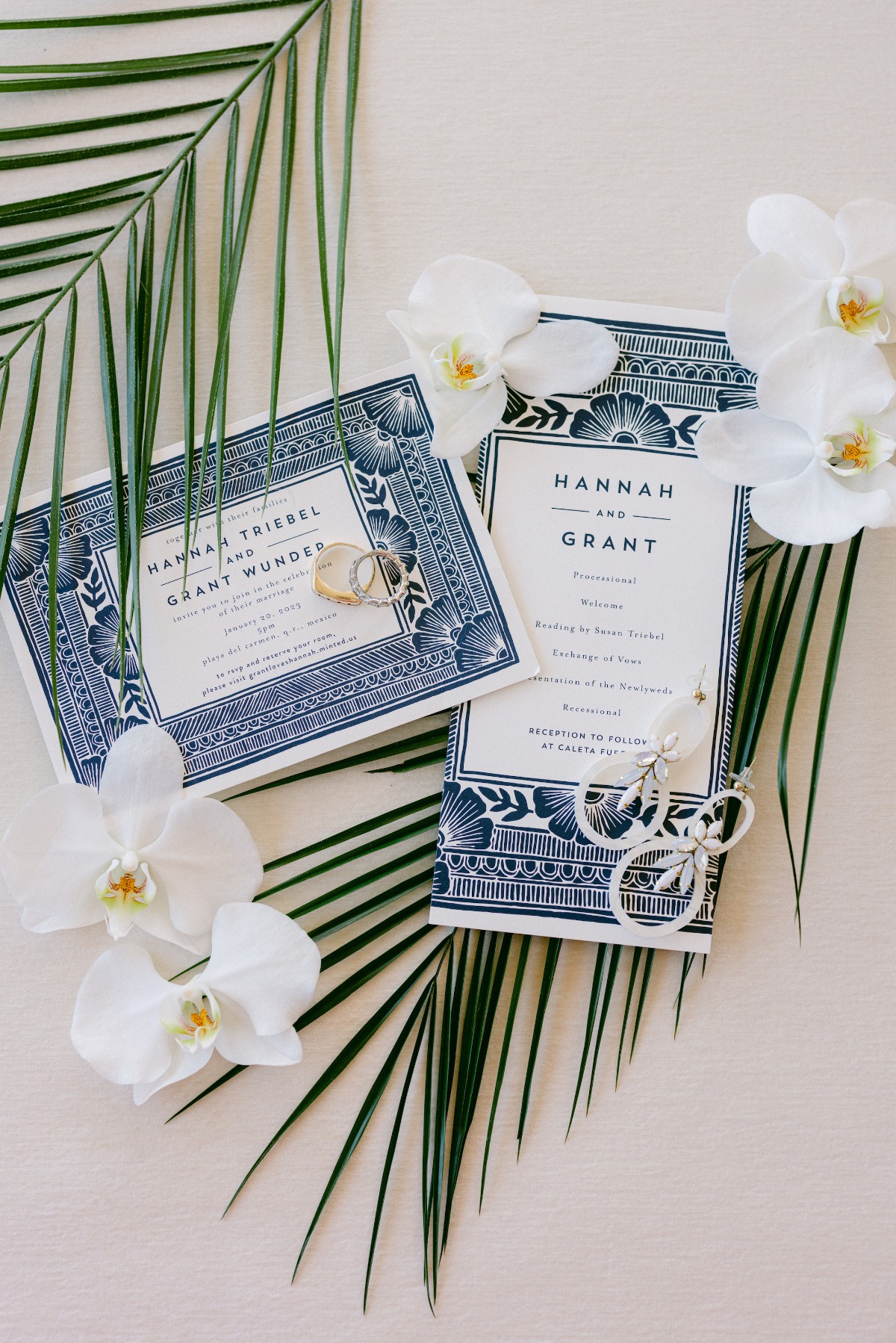 Patterned blue wedding invitations