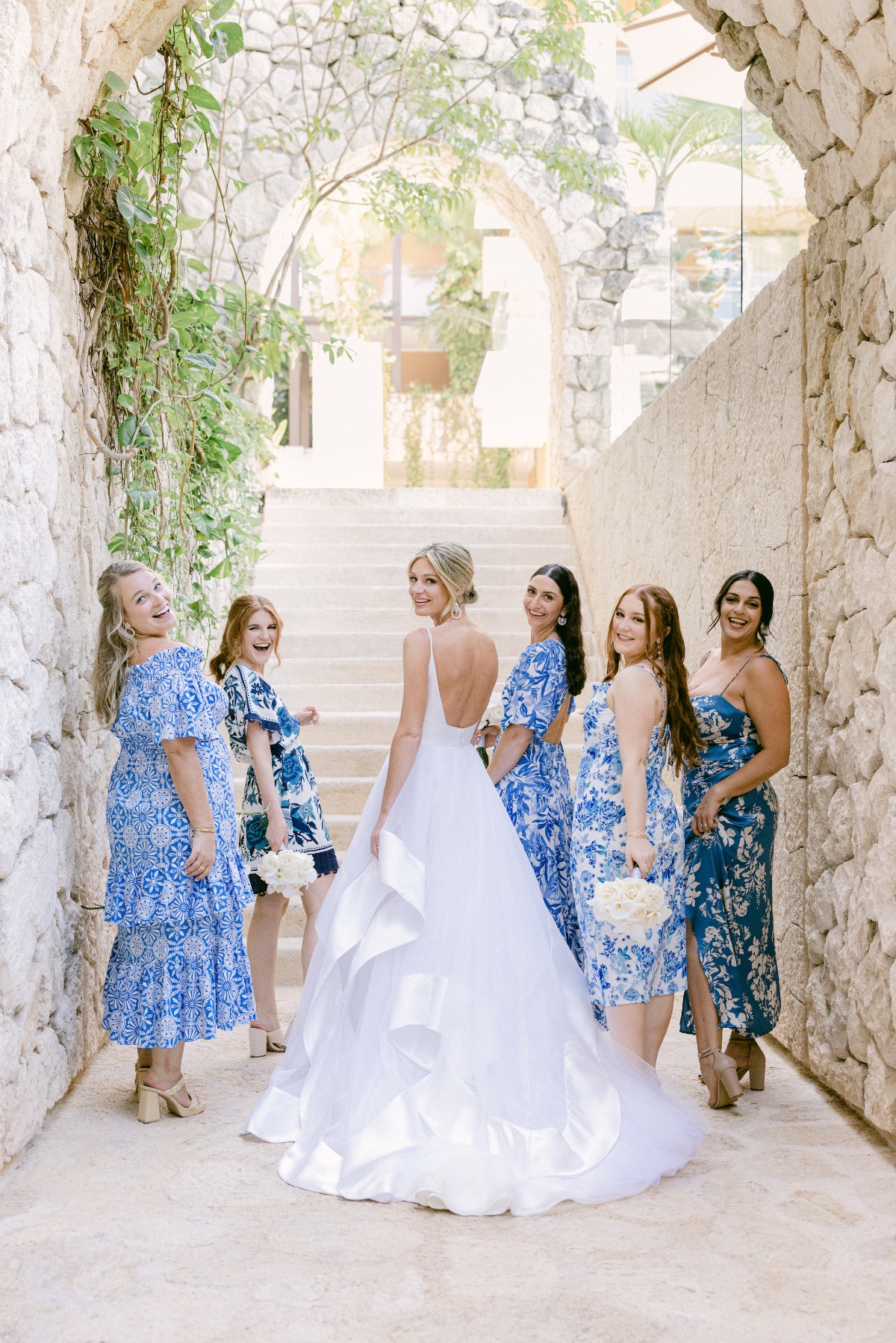 Blue and white patterned bridesmaid dresses