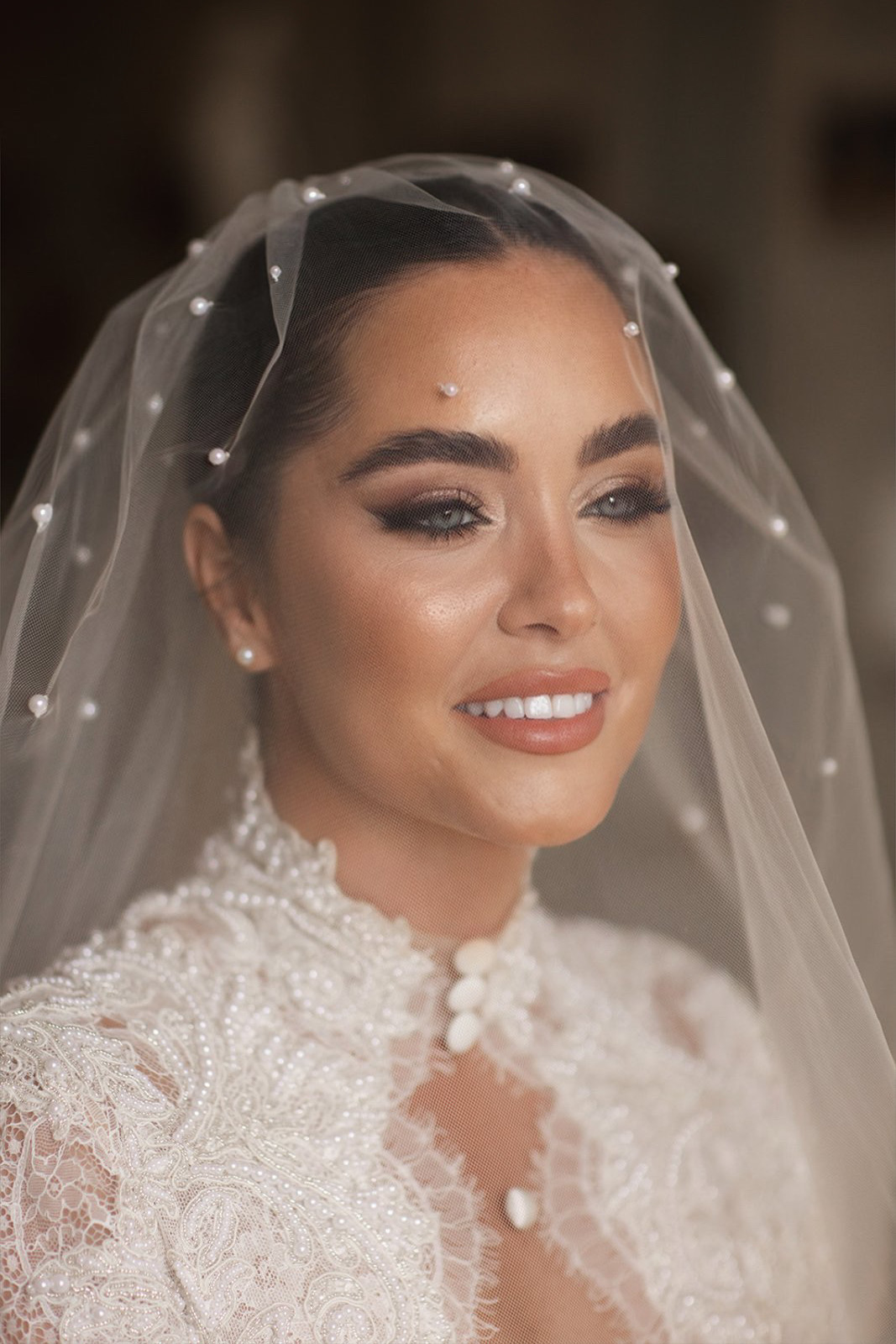wedding veil with pearl detailing