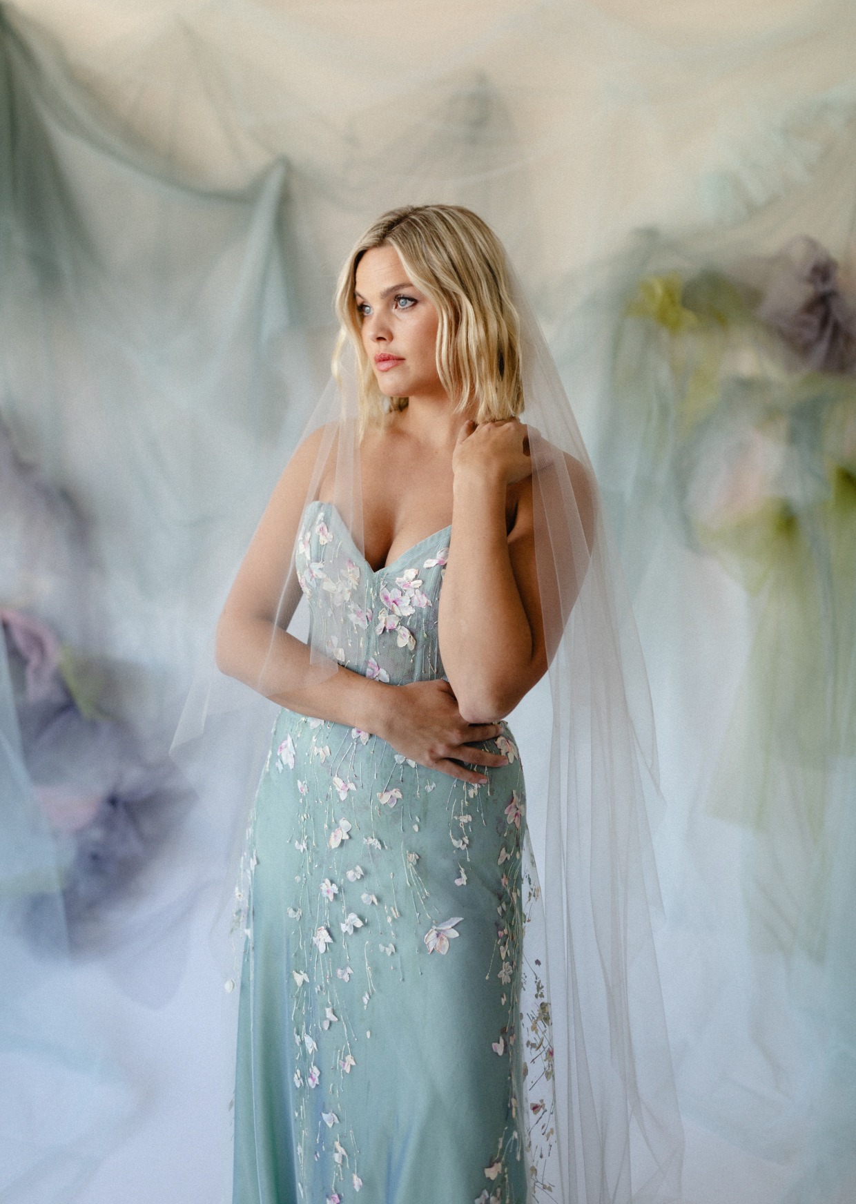 Monet sage and lace wedding dress by Carol Hannah