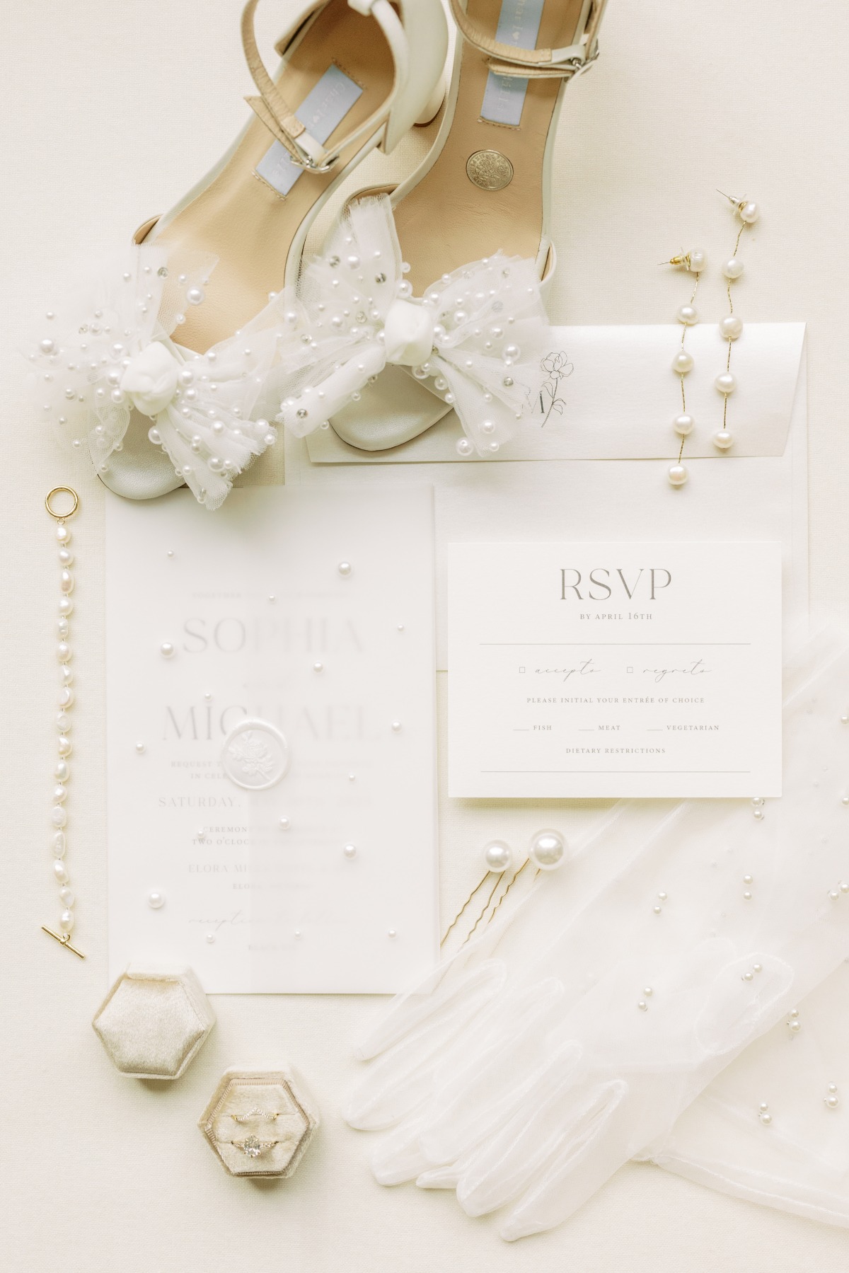 Elegant pearl inspired wedding invitation suite and details