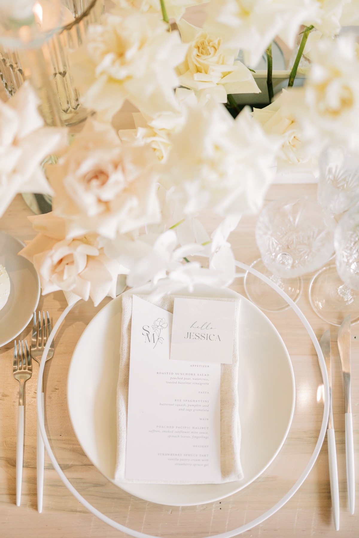 Modern blush and white reception table setting decor 