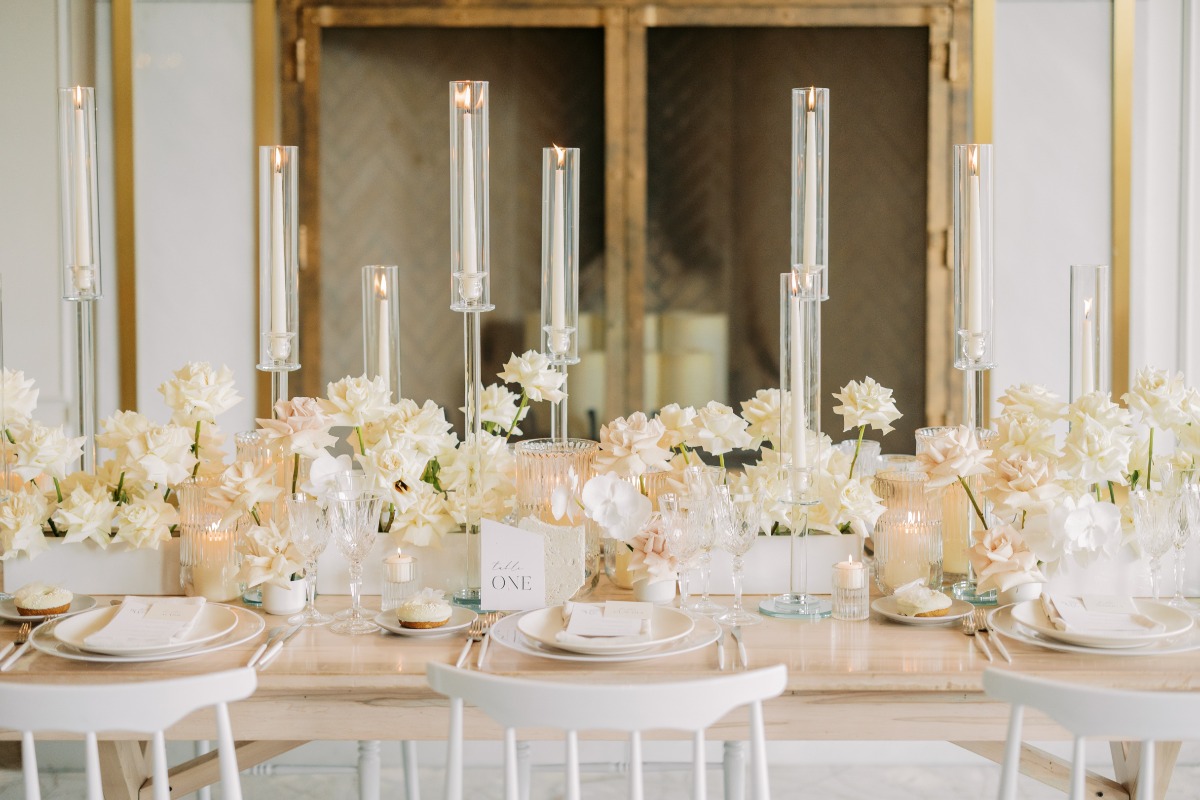 White rose centerpieces for romantic modern reception 