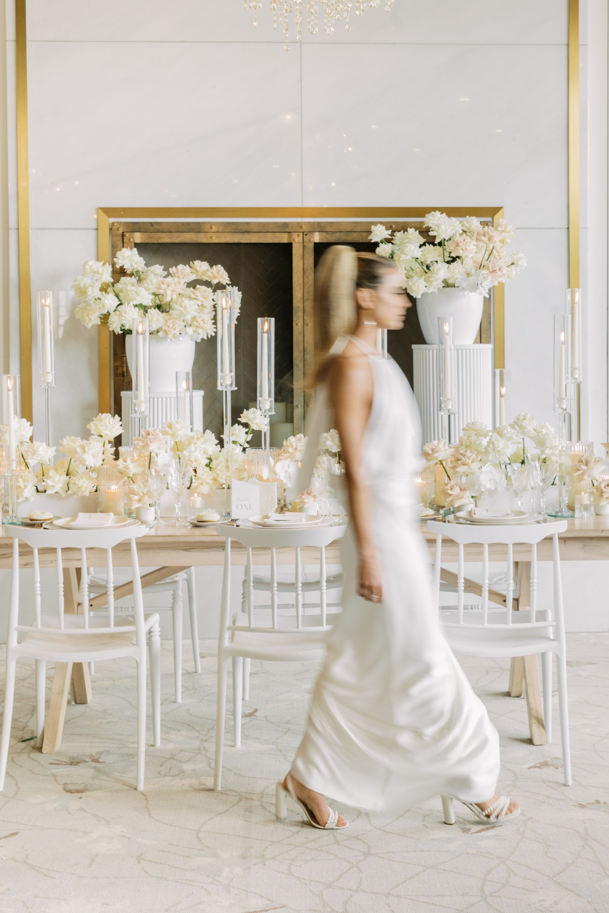 Modern motion blur bridal portrait at indoor hotel reception