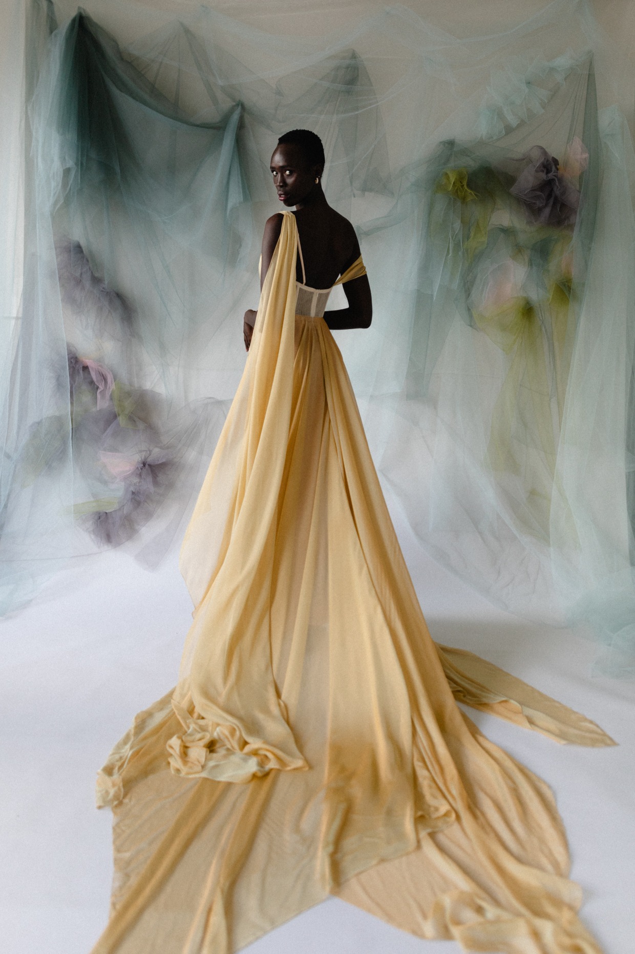 gold chiffon wedding dress by Carol Hannah