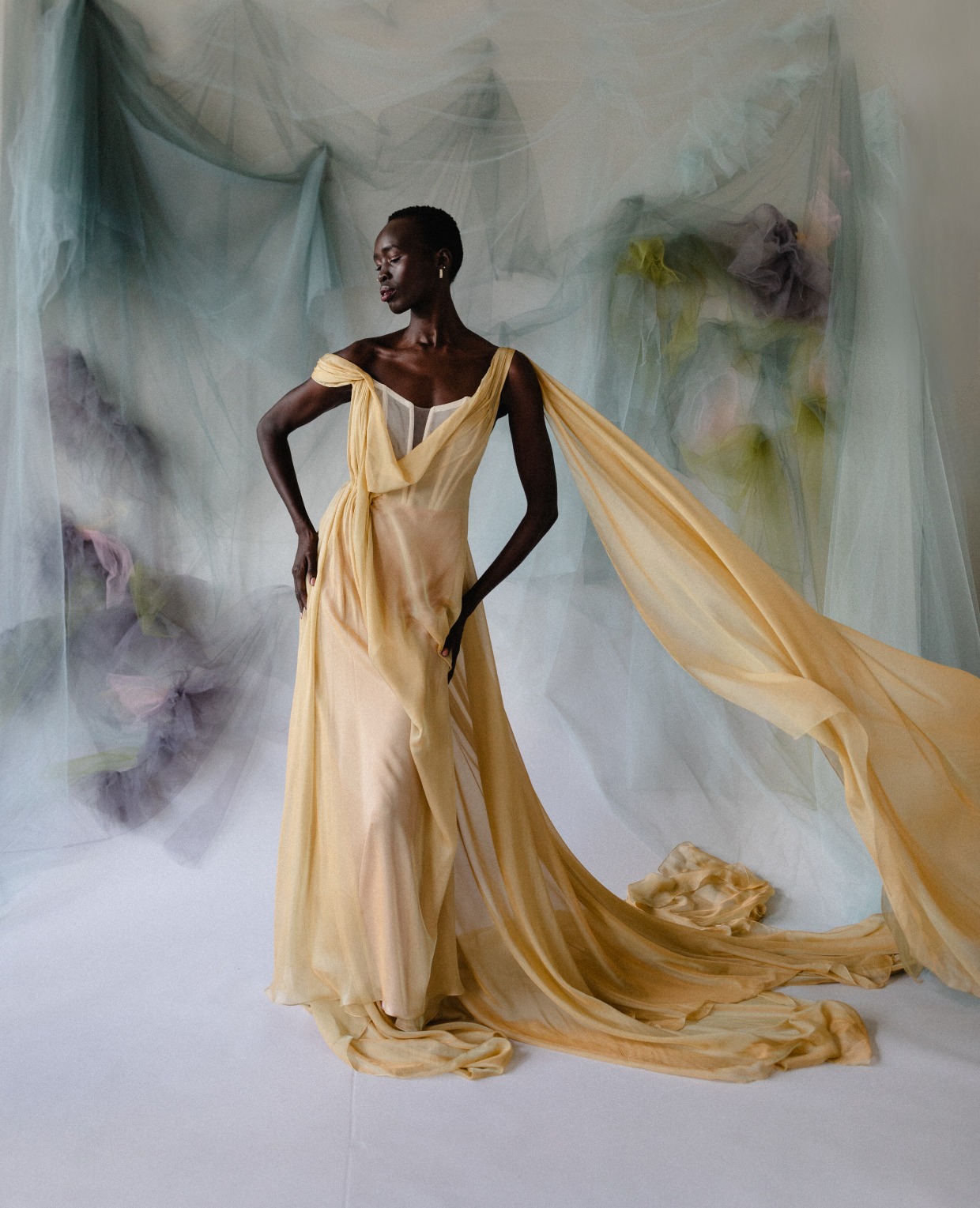 gold chiffon wedding gown by Carol Hannah
