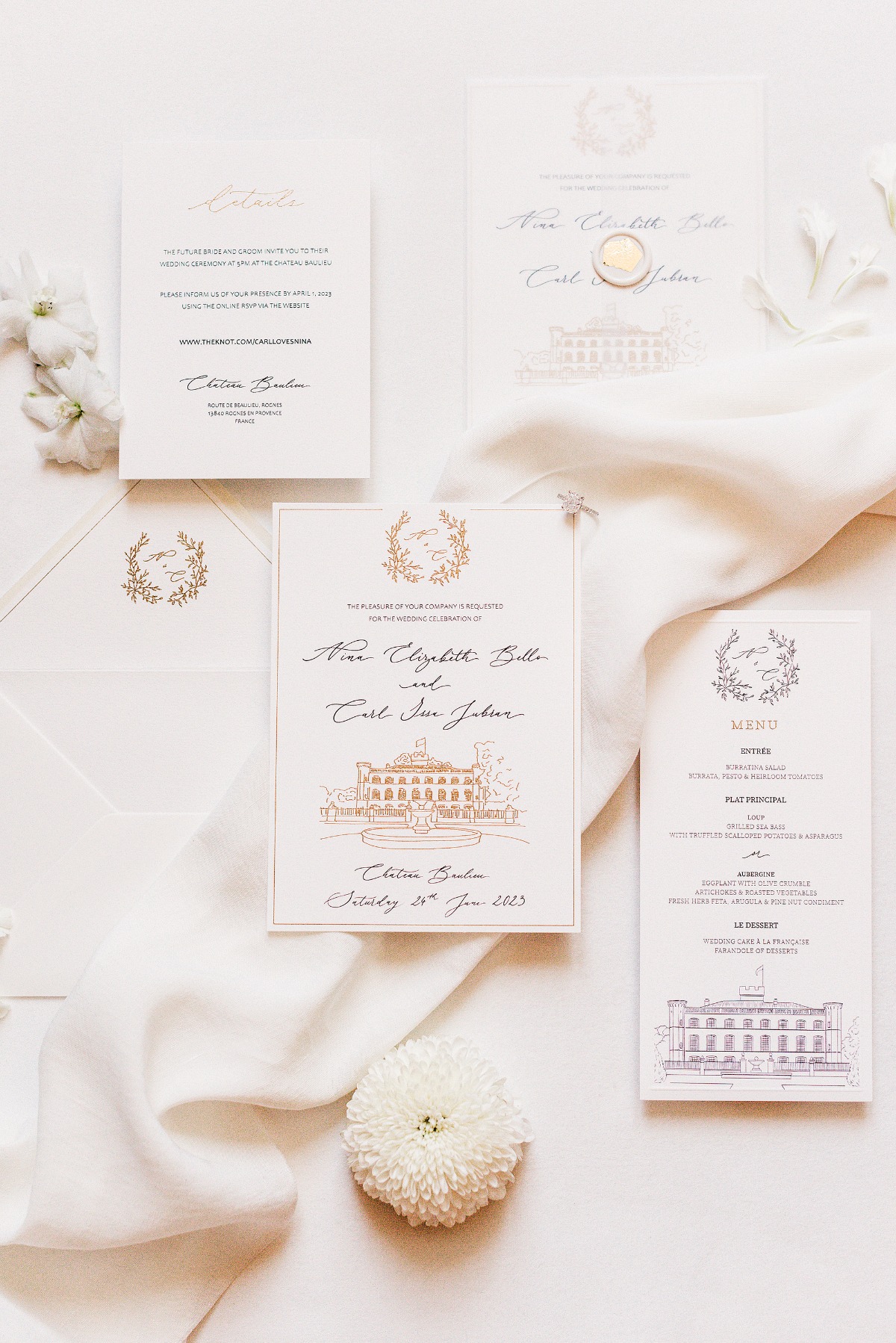 light pink chateau wedding invitations