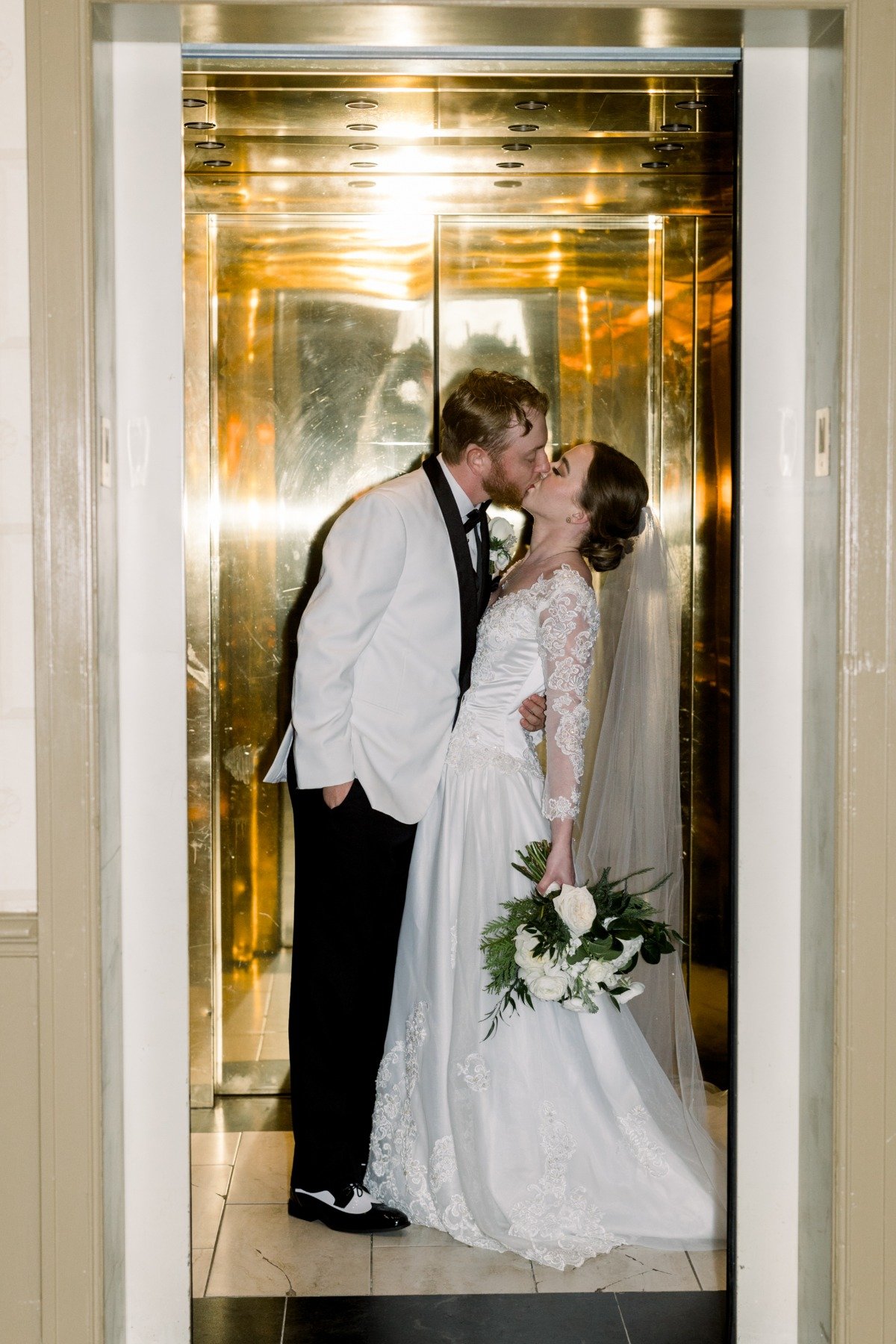 Hotel elevator wedding portraits 