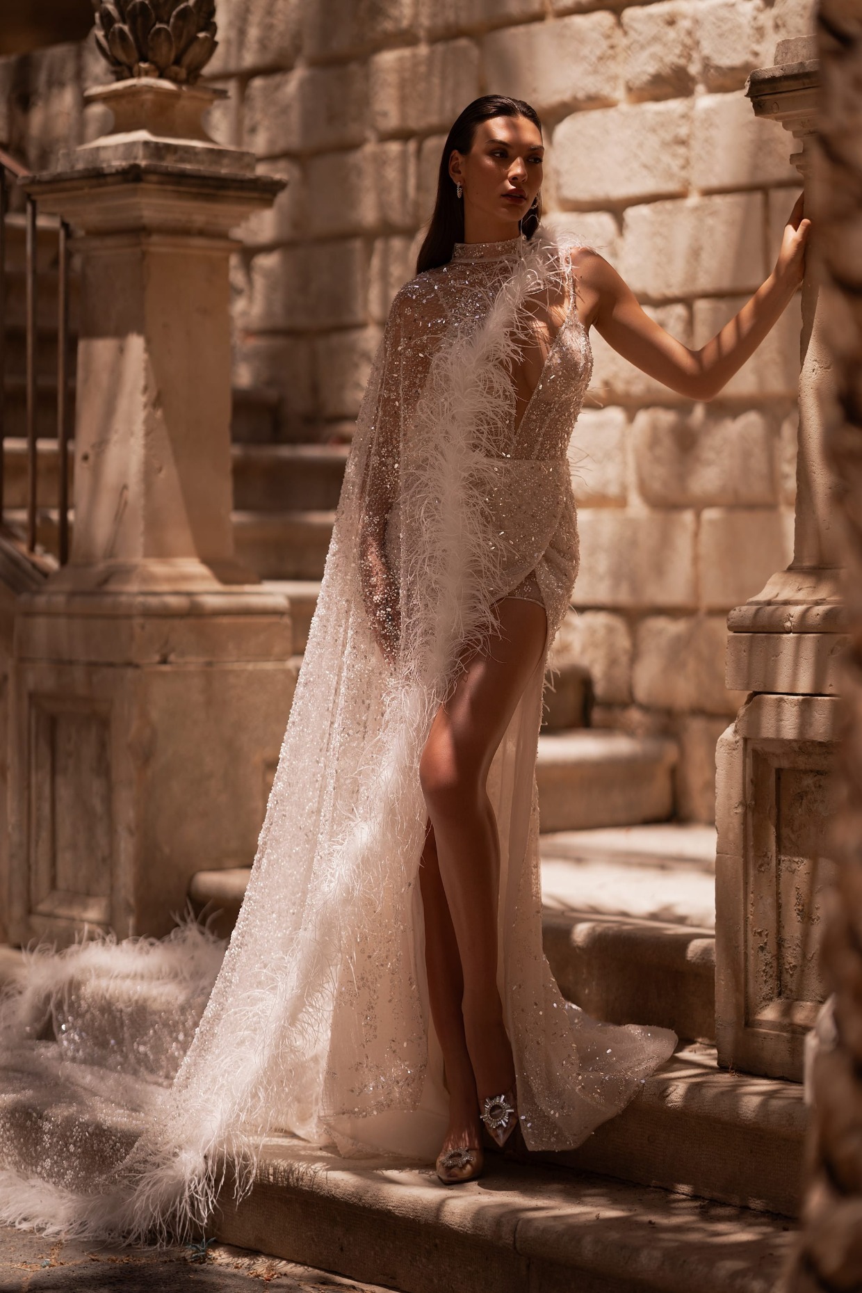 feather wedding dress with sequins by Elena Morar