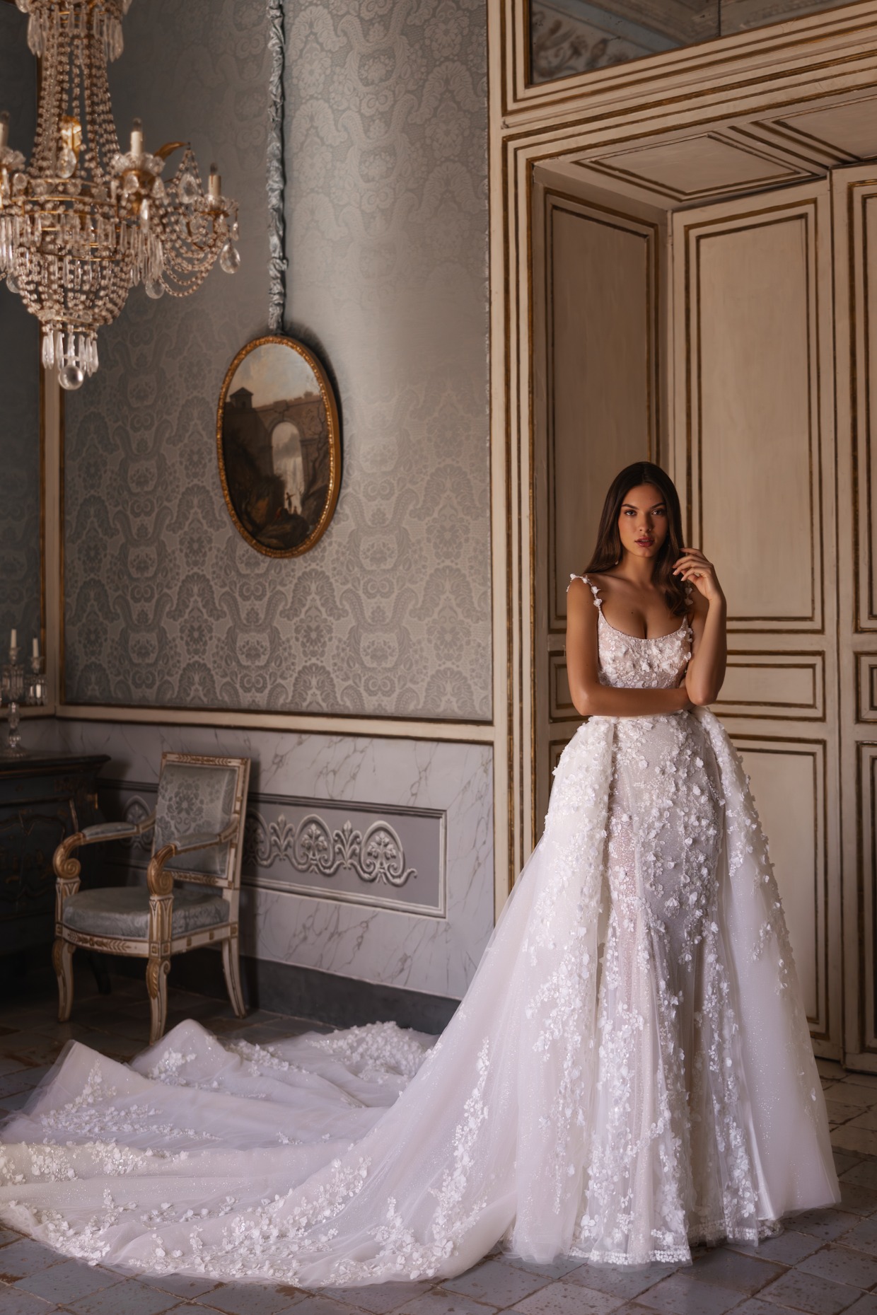 sexy lace wedding gown from Elena Morar with detachable overskirt