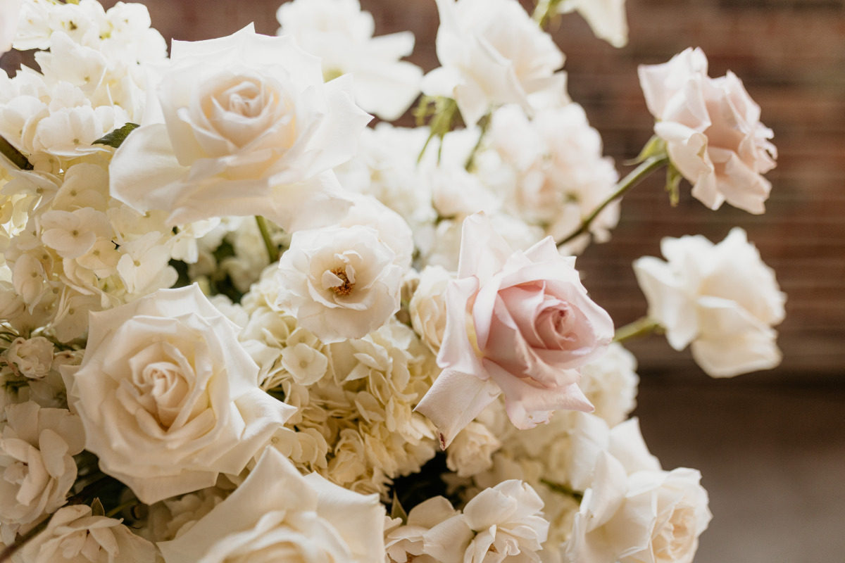white and blush roses for wedding florals