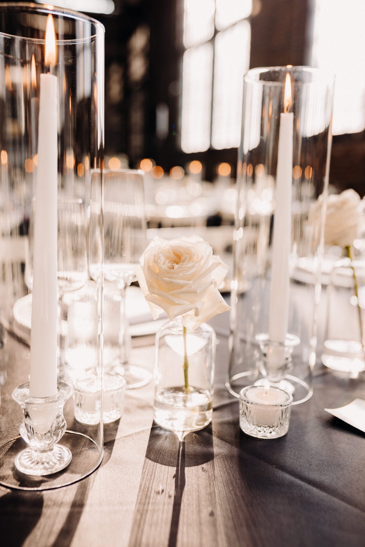 white black and glass tablescape for wedding