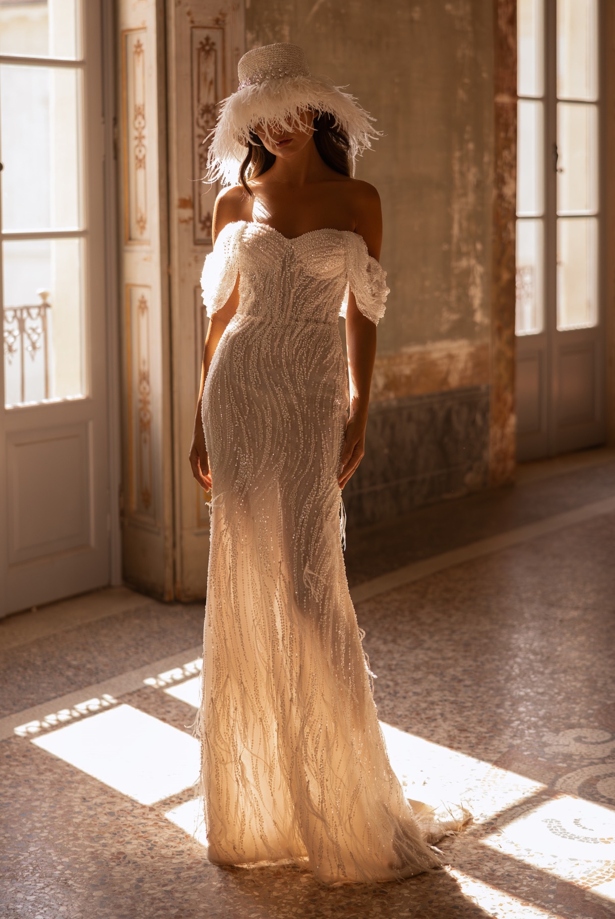 off the shoulder lace gown by Yedyna