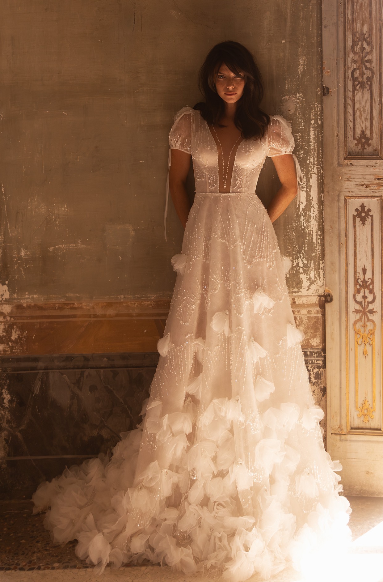 silk petal and beaded lace wedding dress by Yedyna