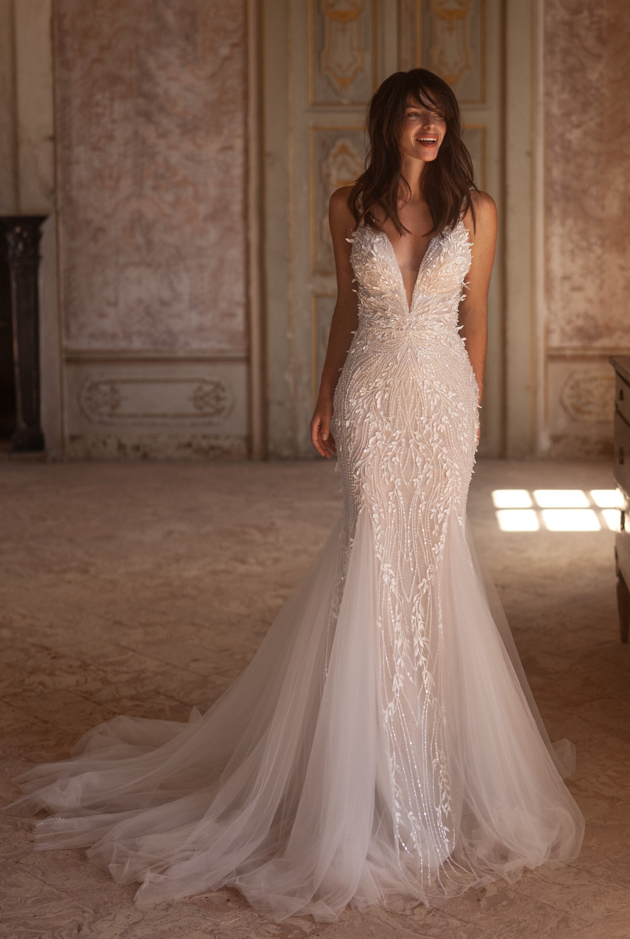 beaded lace wedding dress with plunging neckline from Yedyna