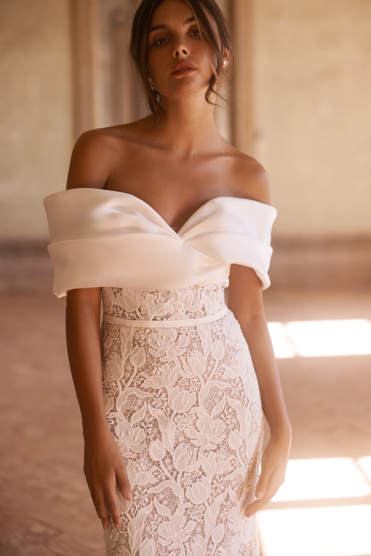 off the shoulder lace wedding dress by Yedyna