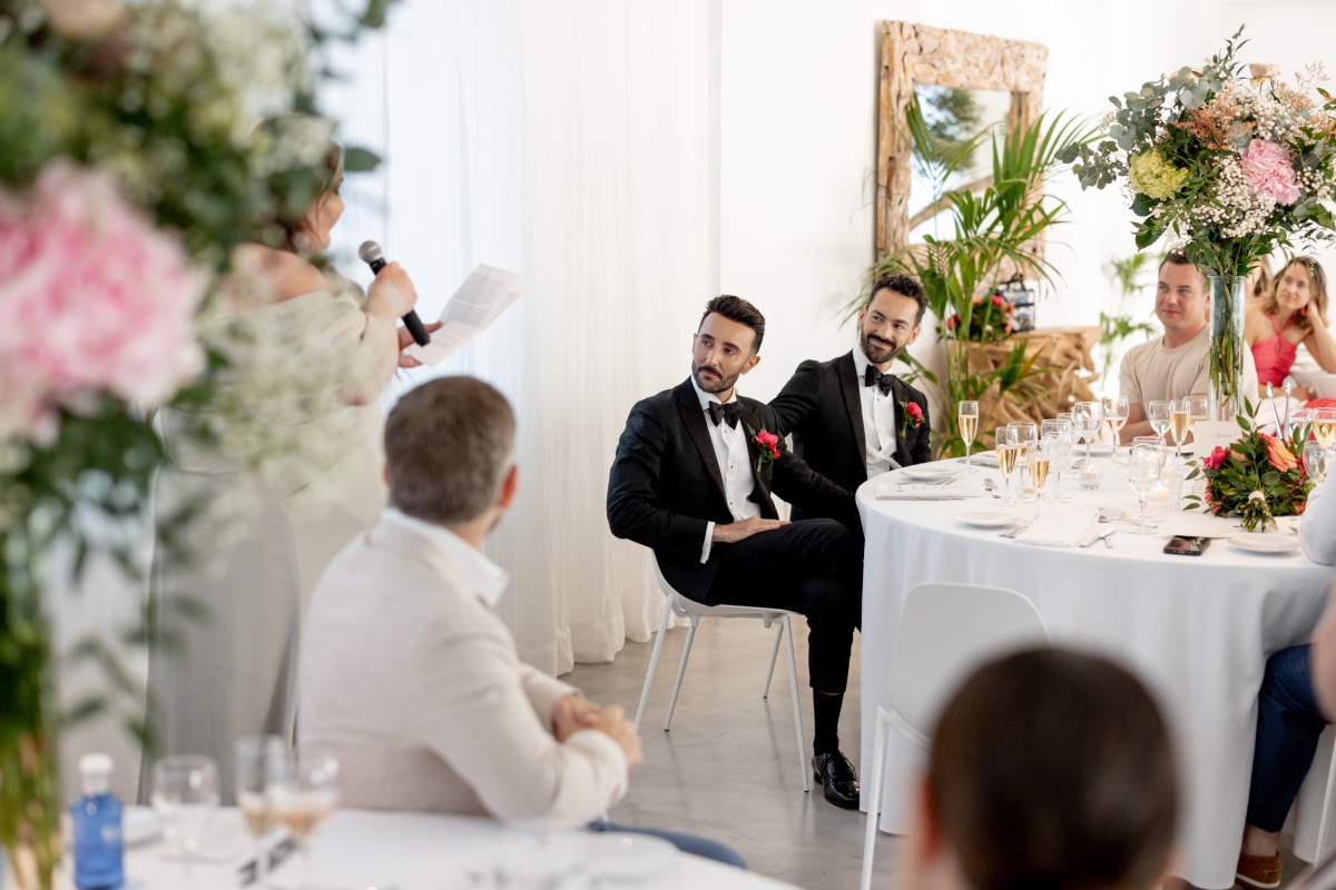 Emotional wedding toast for two grooms at Ibiza wedding 