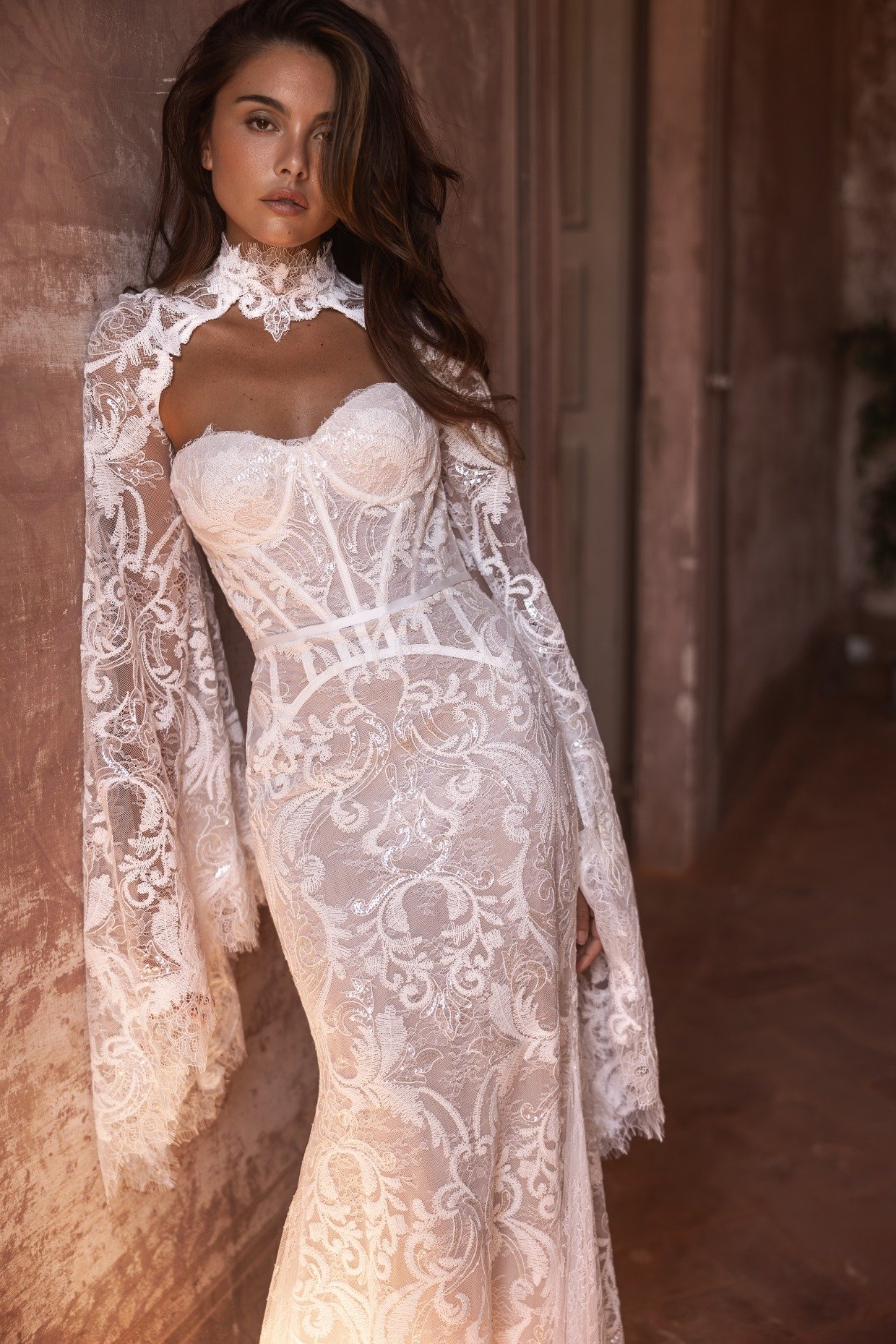 corseted wedding dress with detachable sleeves by Yedyna