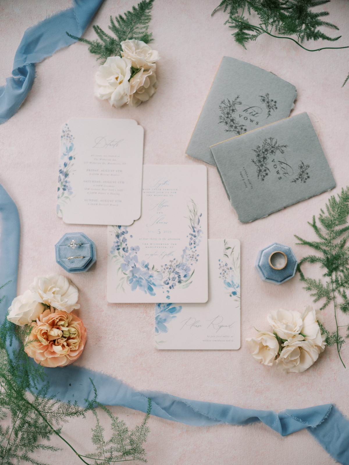 Elegant something blue wedding invitations and vow books