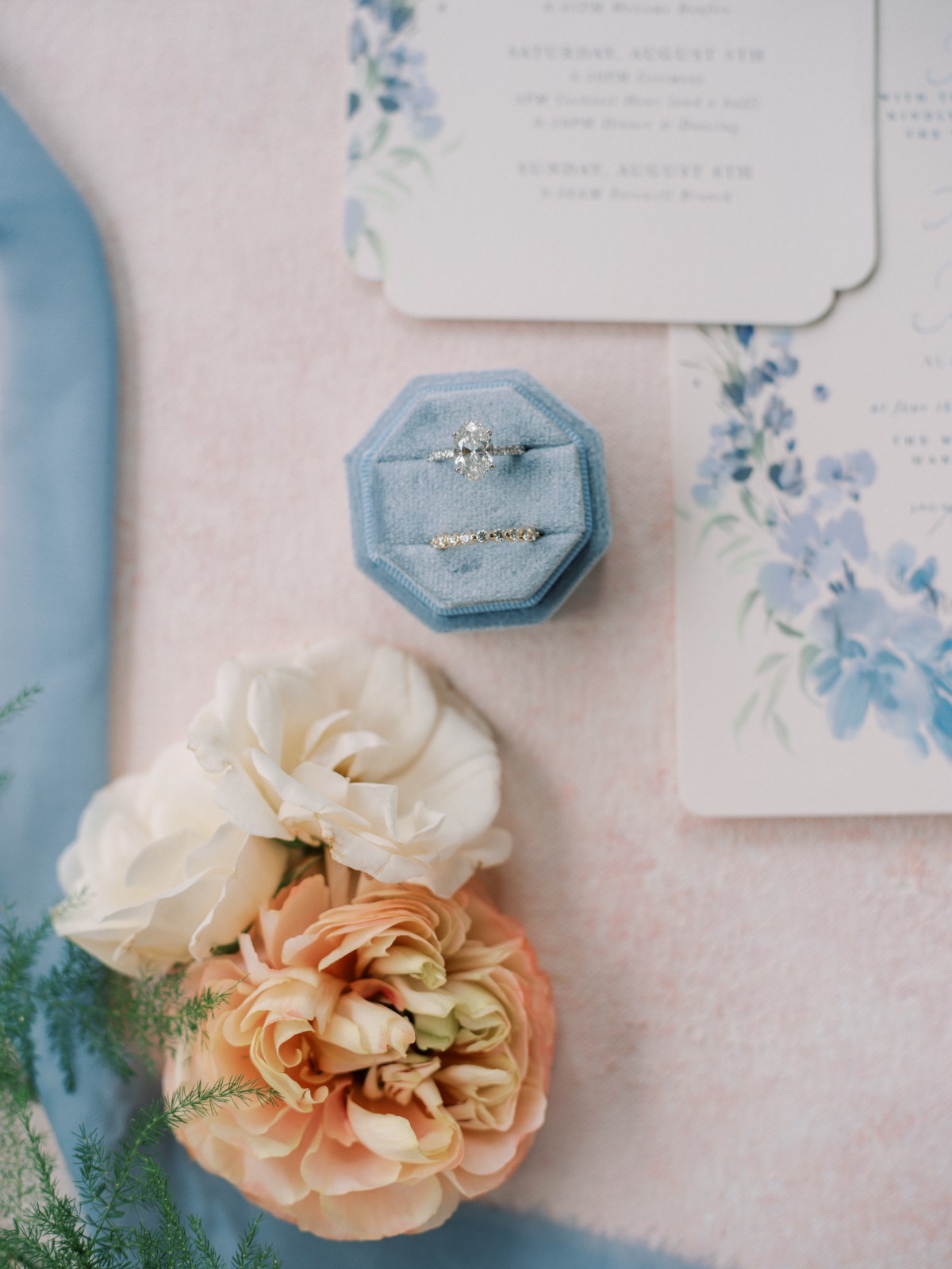 Light blue velvet wedding ring box for wedding day photos 