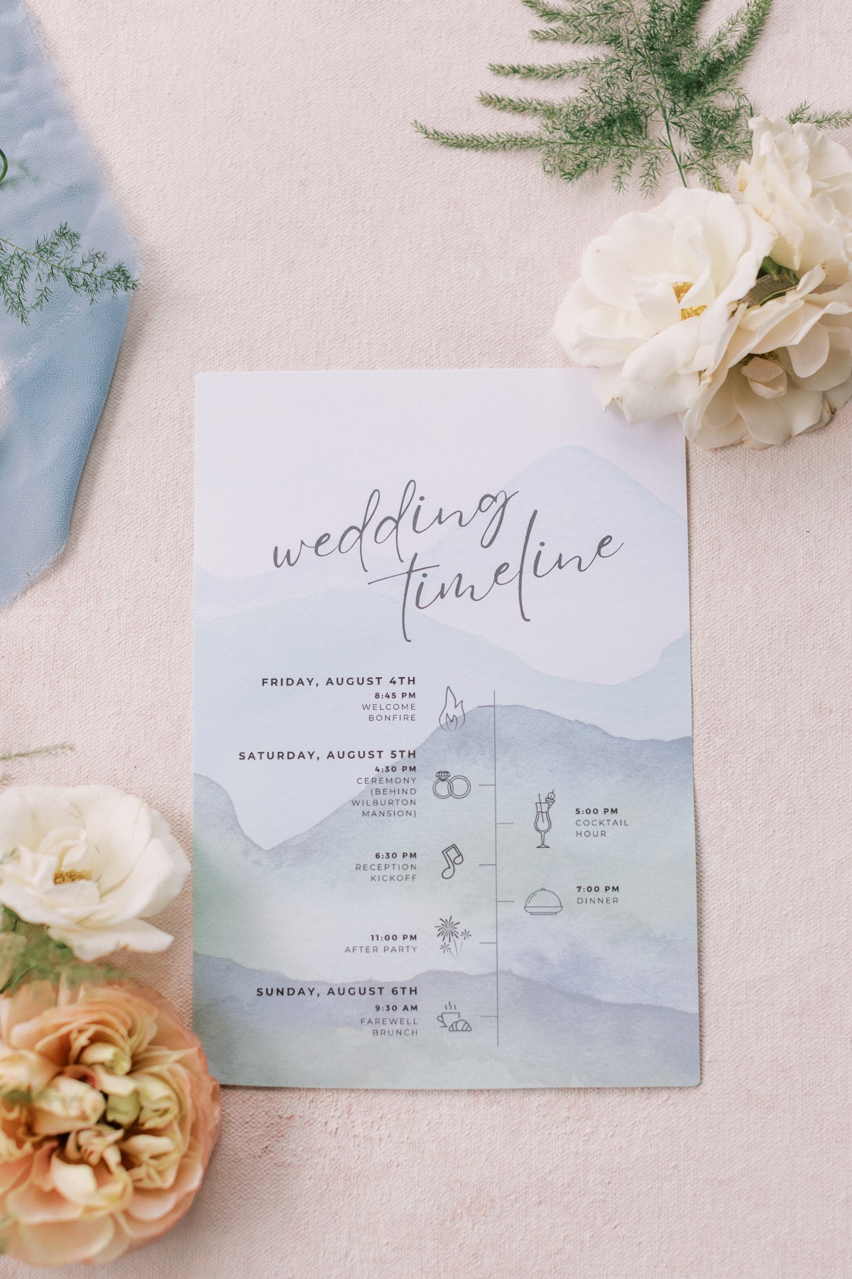 Vermont hillside watercolor wedding invitations with timeline